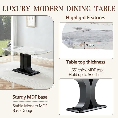 Miniatura 4 de Juego de mesa de comedor moderno para 6, juego de mesa de cocina y sillas de mármol para 6, mesa de cocina rectangular con 6 sillas tapizadas en