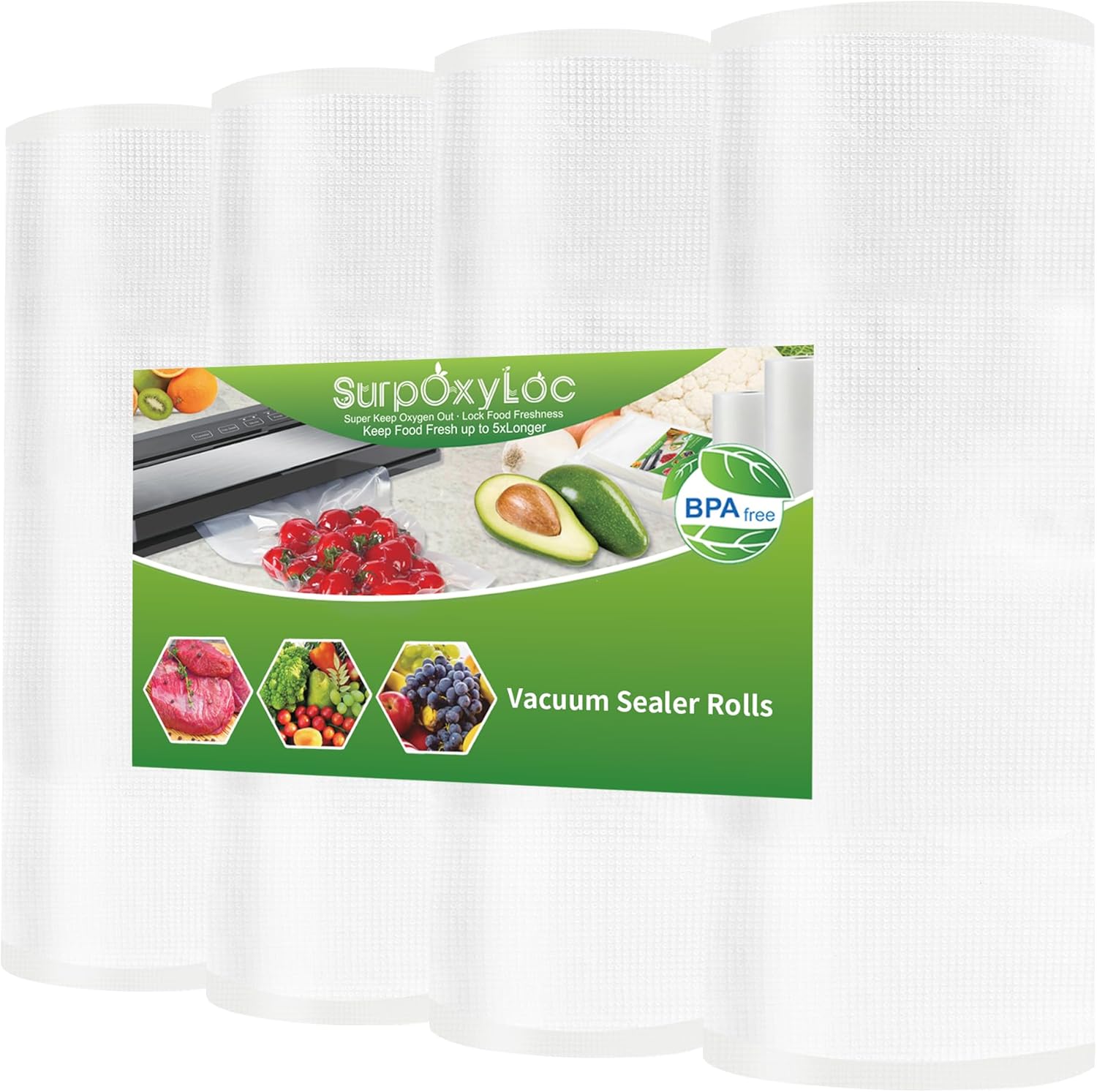 SurpOxyLoc (Total 200 Feet) 4 Pack 11x50 Vacuum Sealer Bags Rolls with BPA Free and Puncture Prevention, Seal a Meal Bags Rolls Work with Any Types Sealer Machine,Great for Sous Vide Cooking