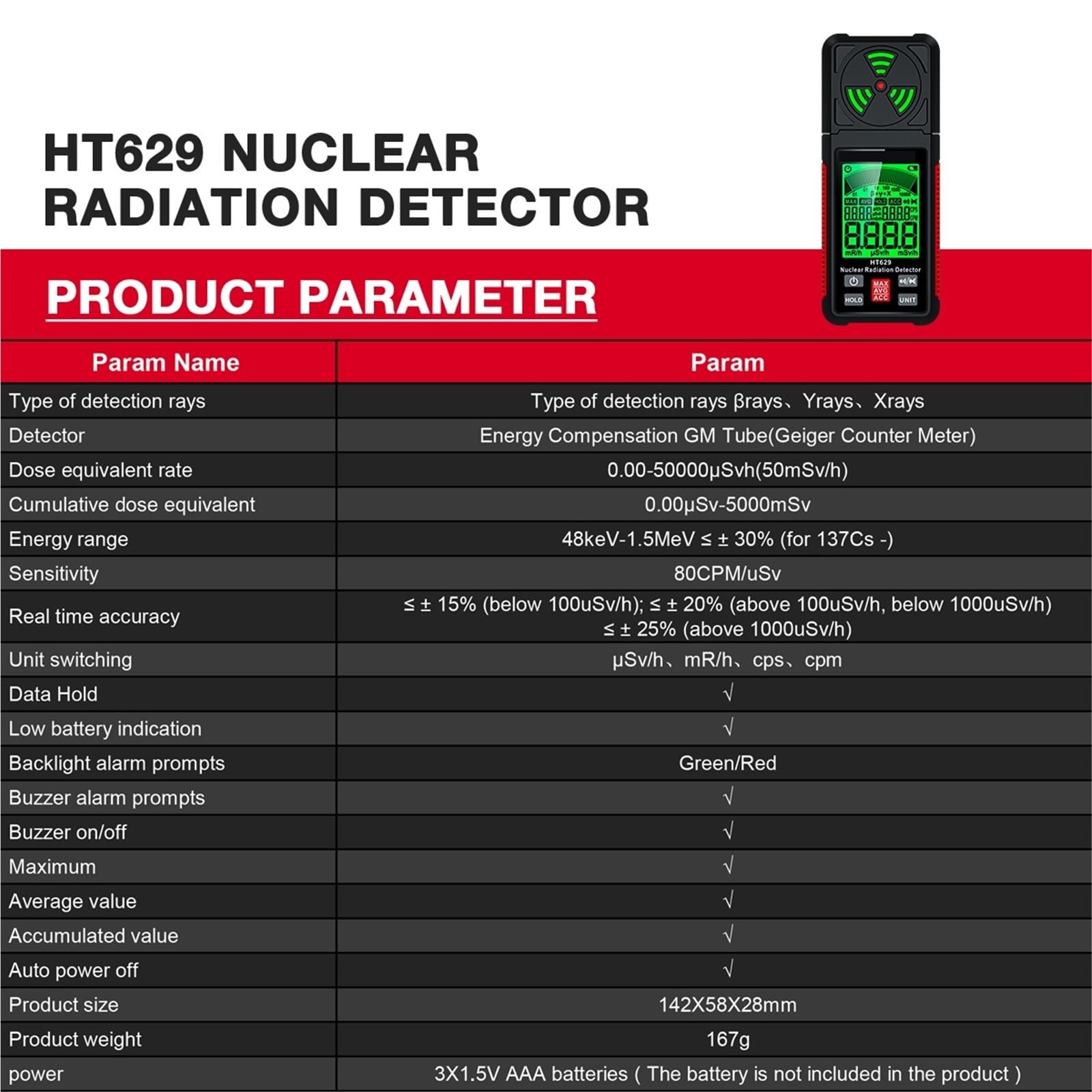 HT629 Contador Geiger Detector de radiación nuclear Dosímetro personal Probador de rayos X de rayos X Mármol
