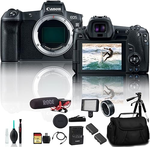 Canon Cámara digital sin espejo EOS R 3075C002 con batería extra, adaptador de montaje EF, bolsa, tarjeta de memoria de 32 GB, micrófono Rode y más