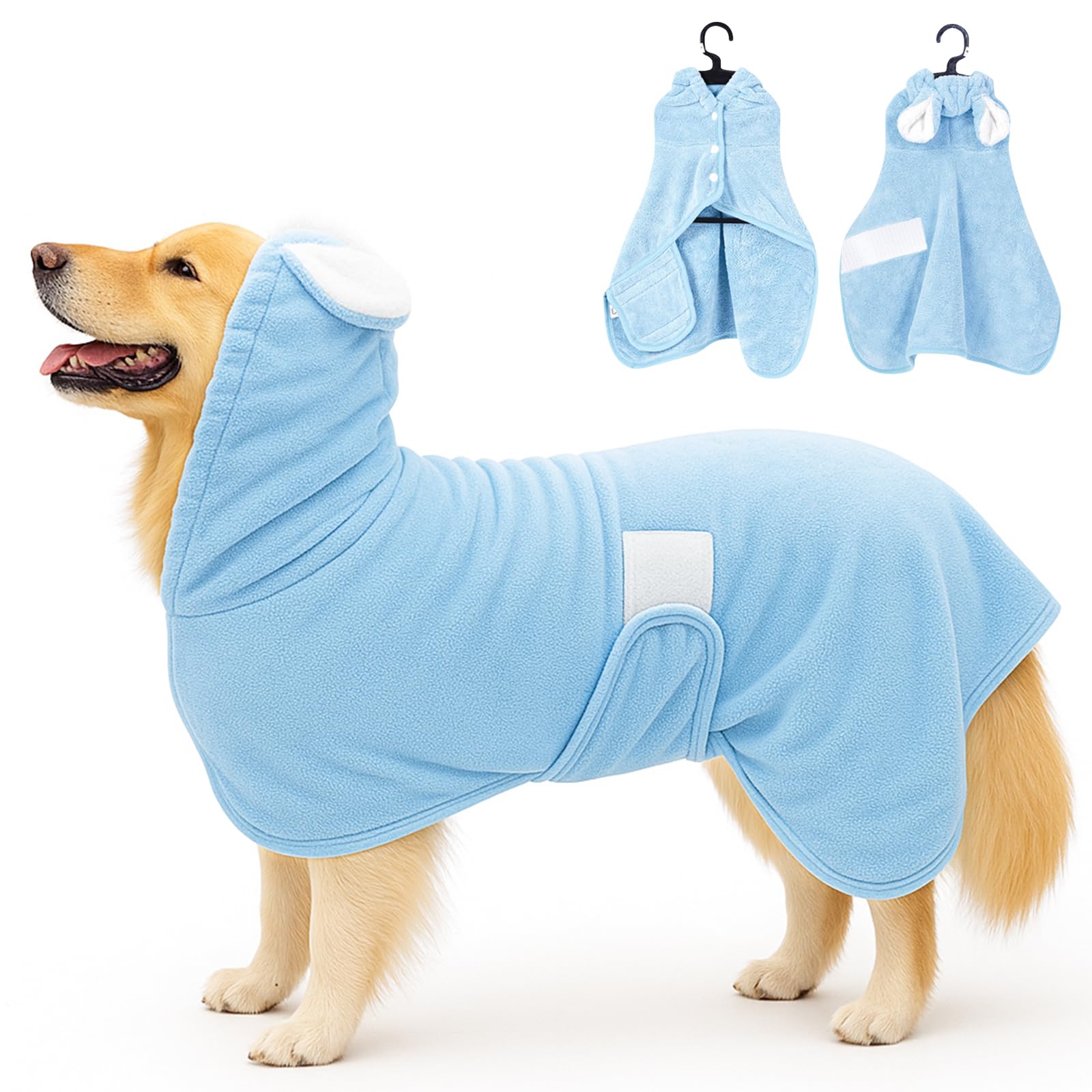 Fnaobai Pet Bathrobe Towel Dog Cat Drying Coat Super Absorbent Cute Dogs Bath Towel Hooded Robe Adjustable Collar & Belly Strap for XSmall to XLarge Pets (Blue