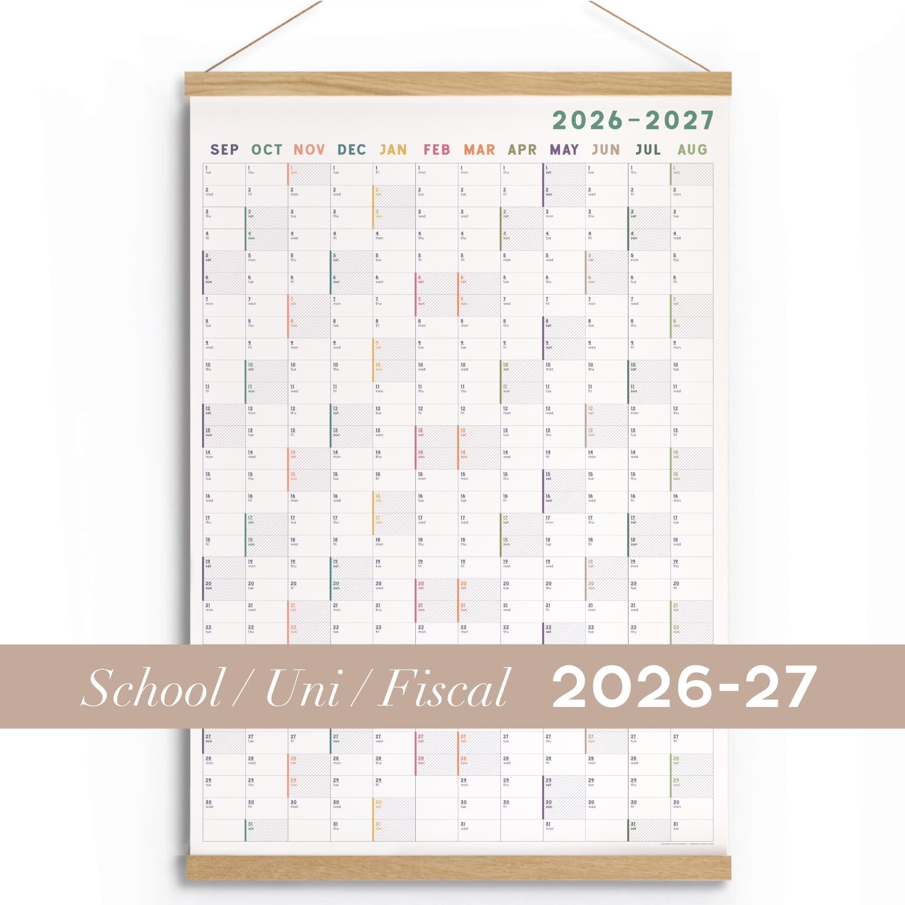 Schuljahres Wandkalender 2026/2027 mit Eichenholzaufhänger- Premium gerollt, 70x100 cm Terminkalender für Lehrer Büro & Planung