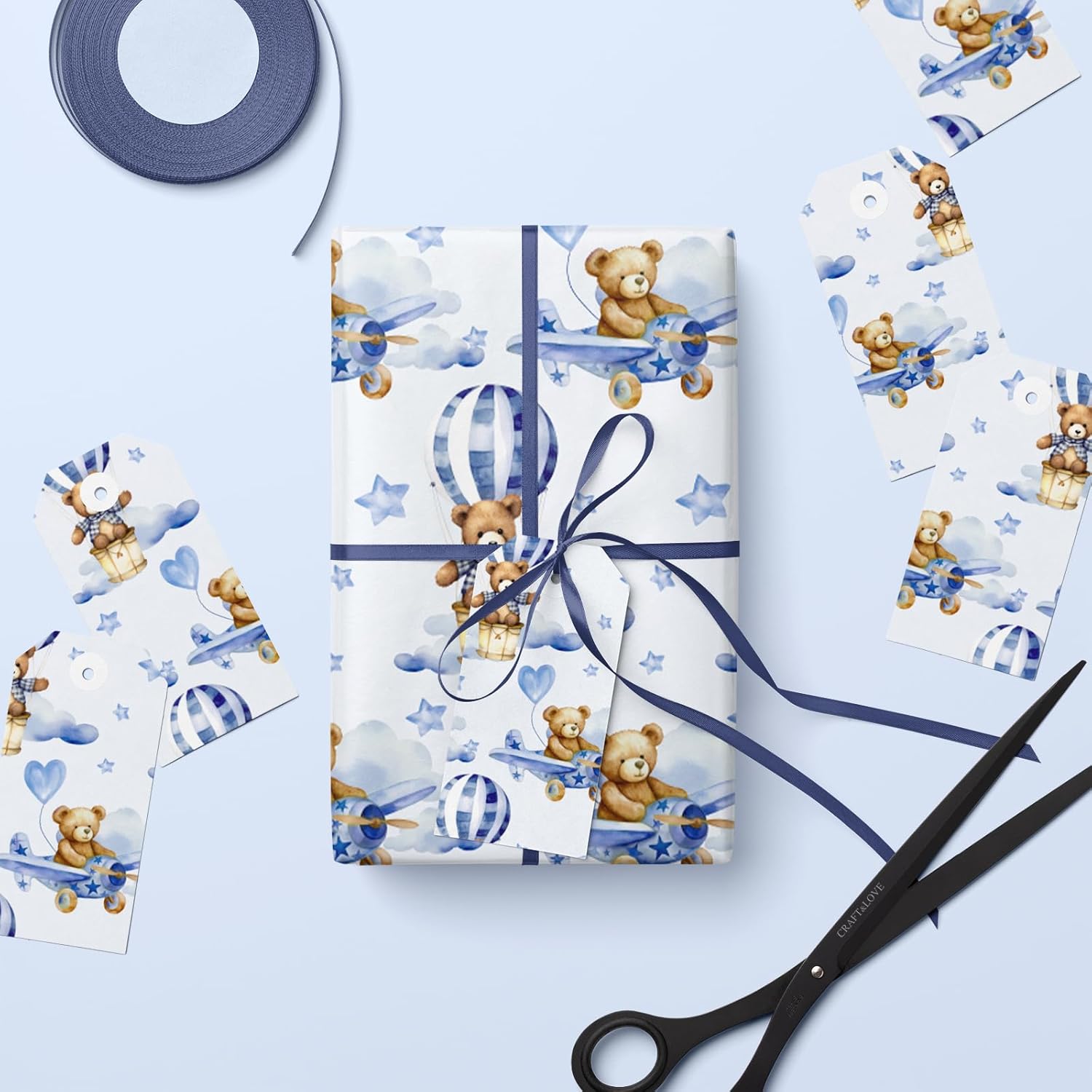 LeZakaa Baby Shower Blue Teddy Bear Wrapping Paper - 17 inches x 32.8 Feet & 12PCS Pull Bows with Ribbon - Blue Gift Bows with Elephant, Cloud, Foot Print Design