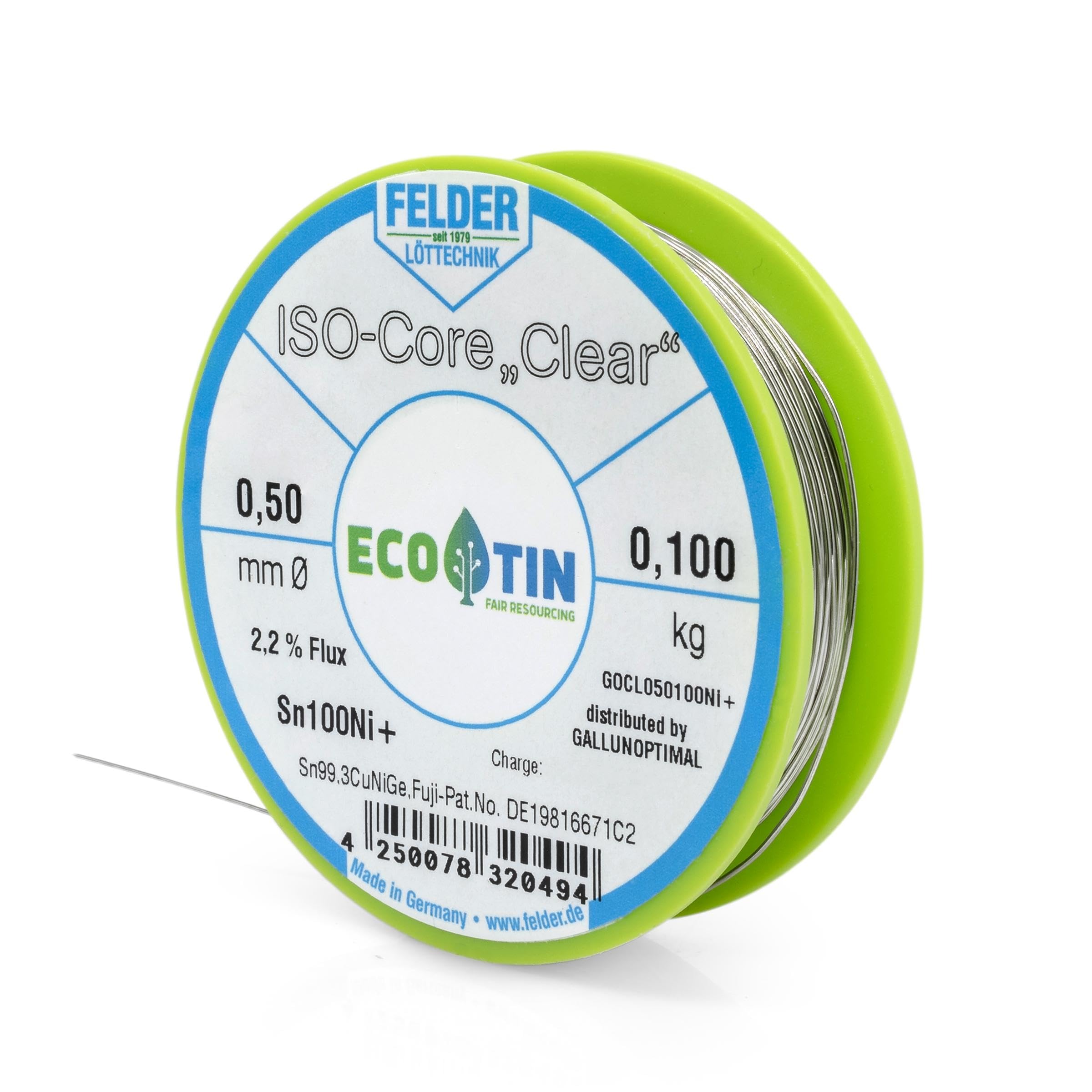 Felder FCL050100Ni+ - Filo per saldatura ISOCore, Clear Sn100Ni+ Sn99,3CuNiGe, 0,5 mm su bobina da 100 g