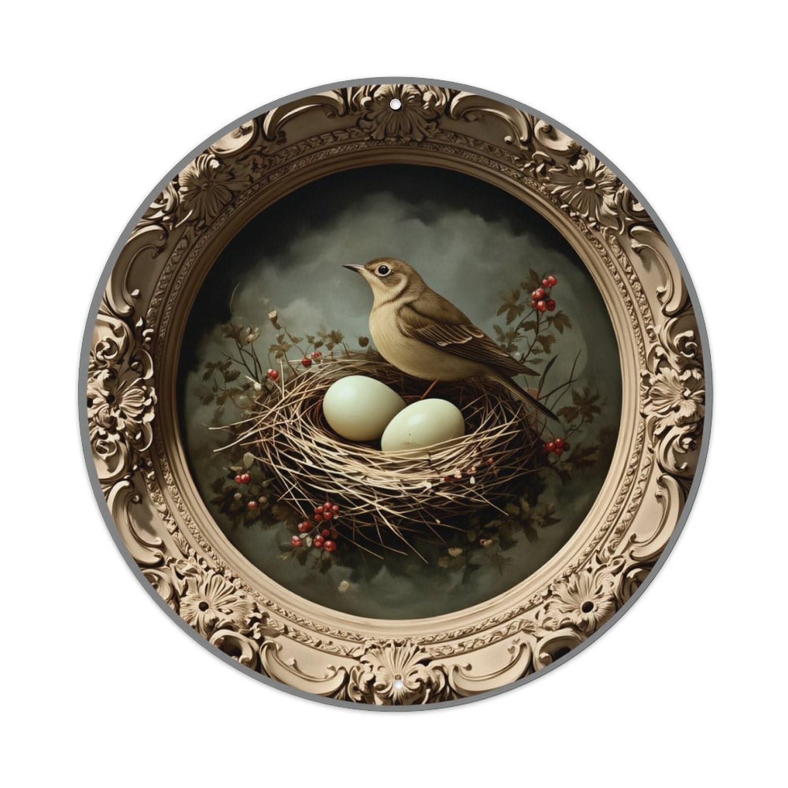 Bird Nest Eggs Berries Round Tin Sign Vintage Metal Poster, Home Bar Garage Man Cave Cafe Indoor & Outdoor Wall Decoration 8x8Inches