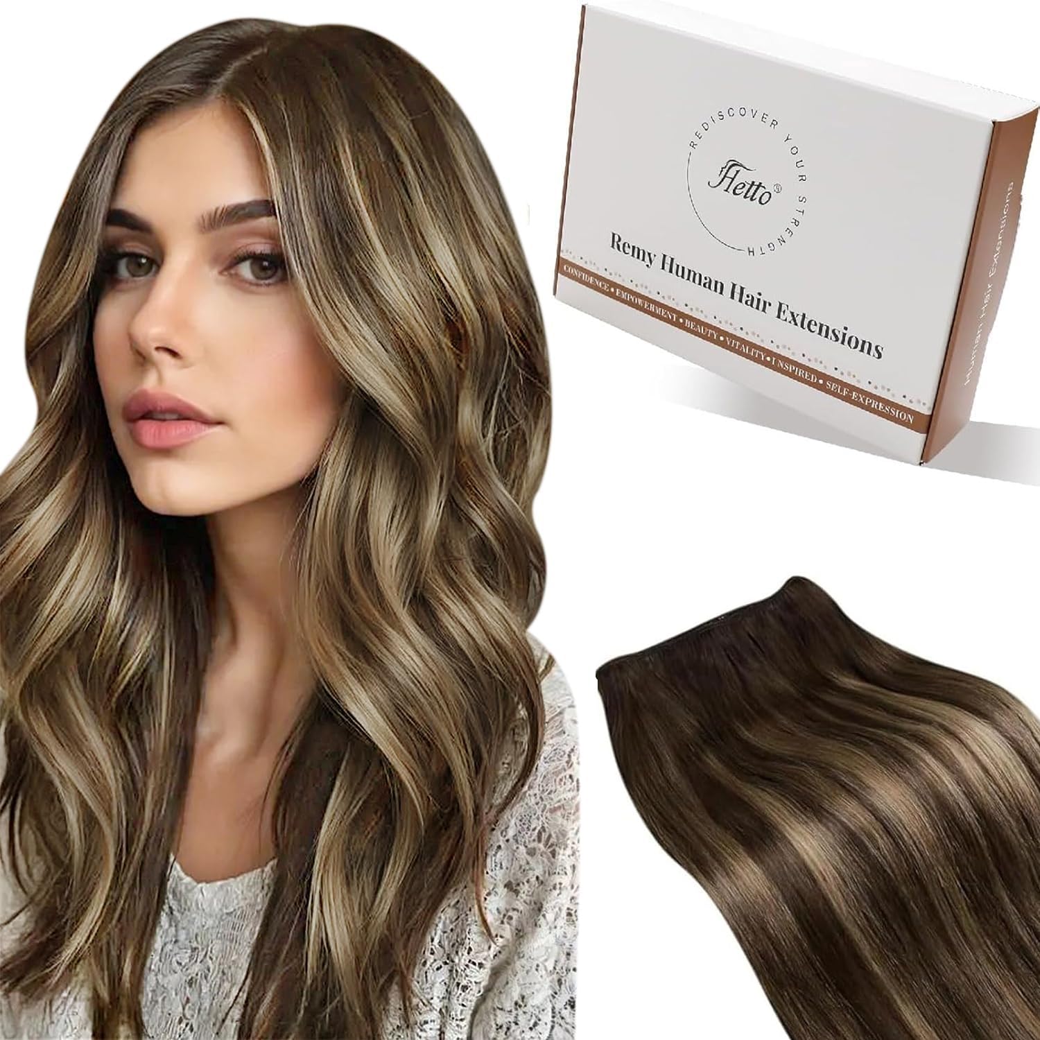 Hetto Weft Hair Extensions Real Human Hair Balayage Dark Brown Mix Honey Blonde 20 Inch 100g - Full Head Sew in Human Hair Wefts, Salon Weave Hair Extensions for Daily Use #4/27/4