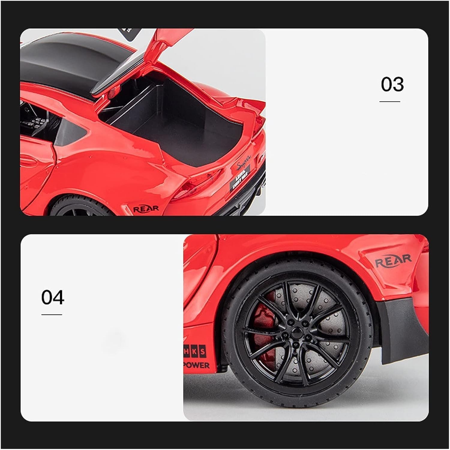 FUNABLO 1/22 Scale Toyota Supra GR LBWK Diecast Metal Model Car, Pull Back Toy Car with Openable Doors, Light & Music, Big Size Alloy Car Toy for Kids Boys, Best Gift Toy Vehicle (red) 3