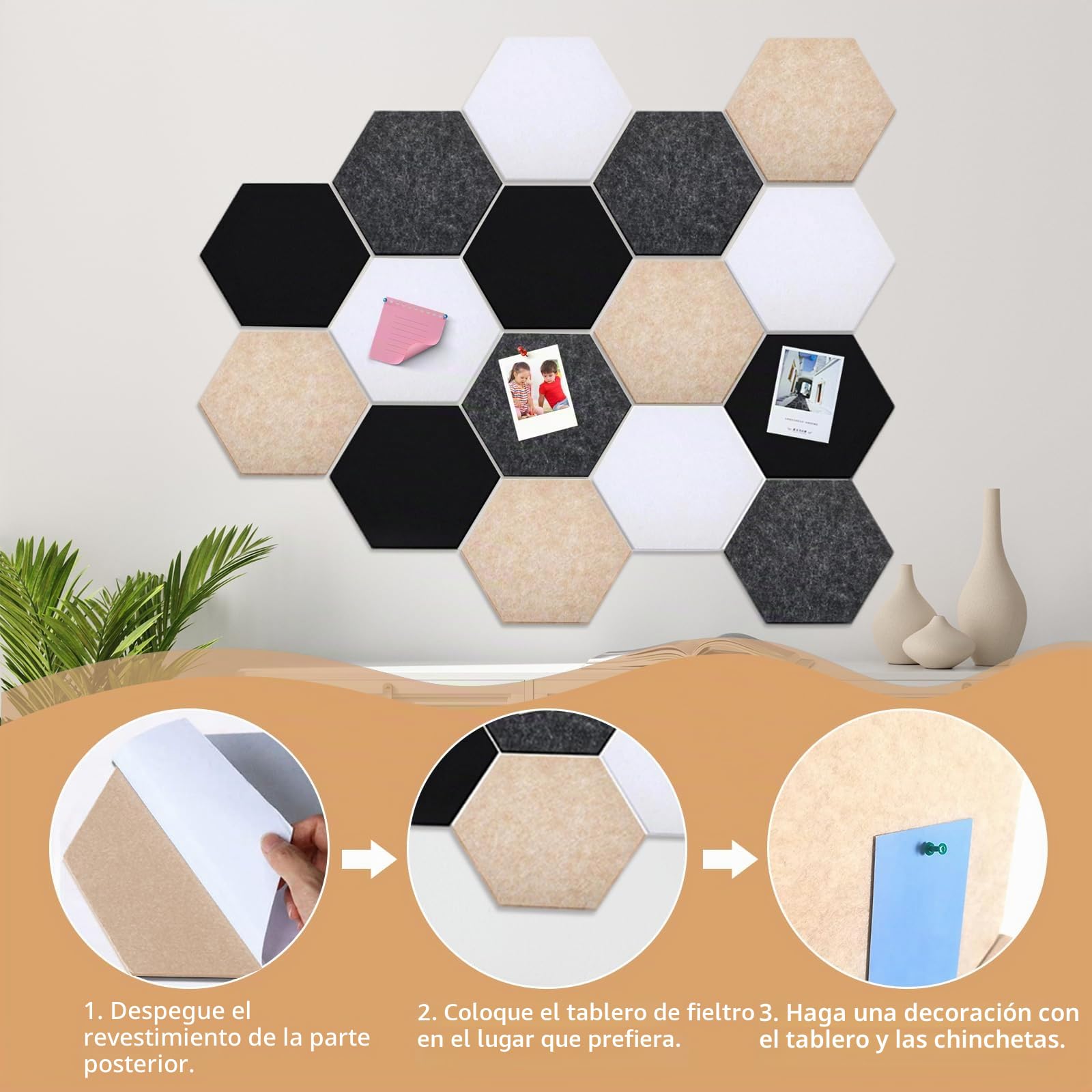 Pared Fieltro Hexagonal Autoadhesivo,Tablero de Corcho 16 Stück 15x17cm Tablón de Anuncios con 60 Chinchetas, Multifunción Azulejos de Fieltro &Paneles de Pared