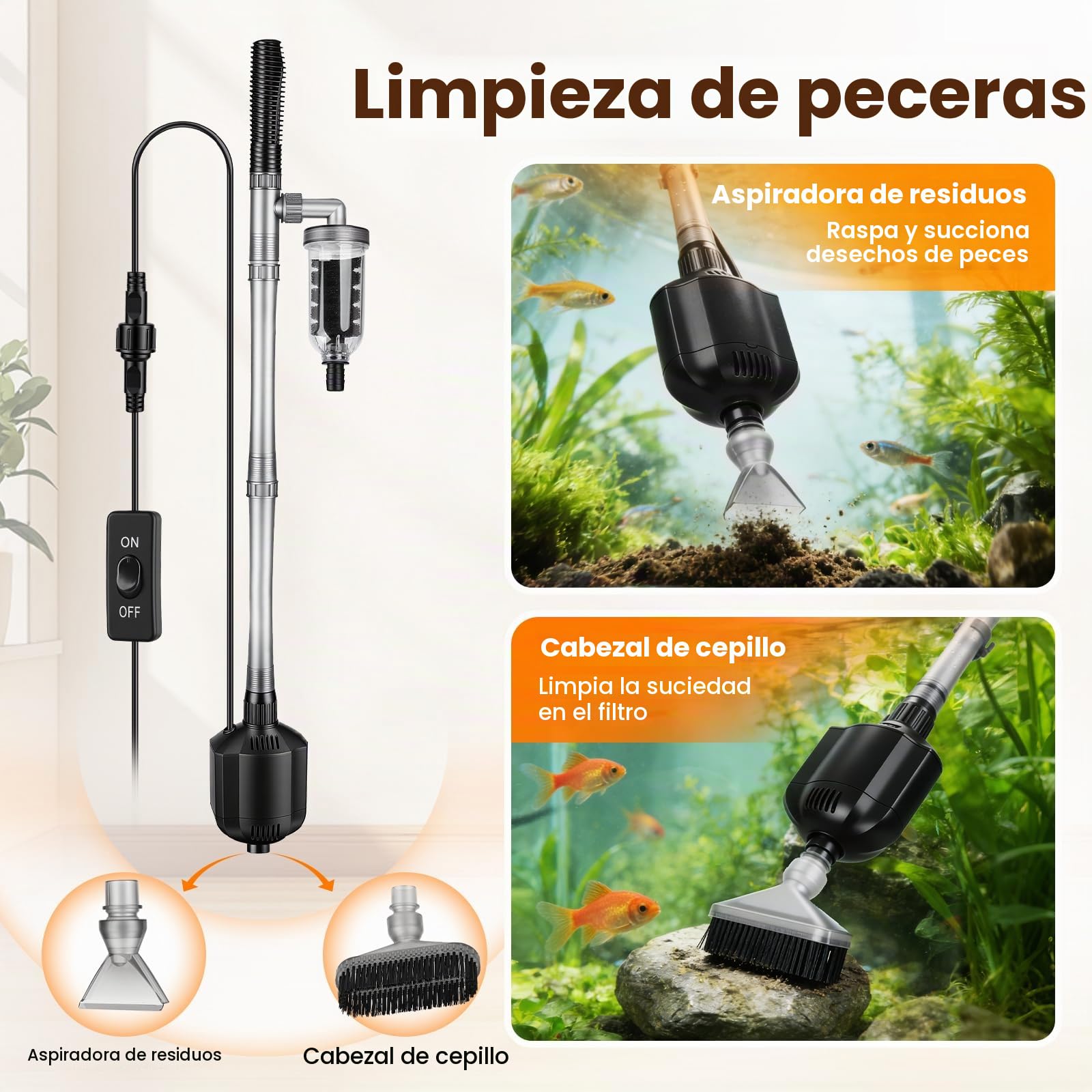 Hygger 1350 LPH Limpiador de Grava para Acuarios, 15W Electrico Sifonador Acuario Kit con Longitud Ajustable, Multifuncional Aspirador para Acuario Sifón para Cambio de Agua y Lavado de Arena