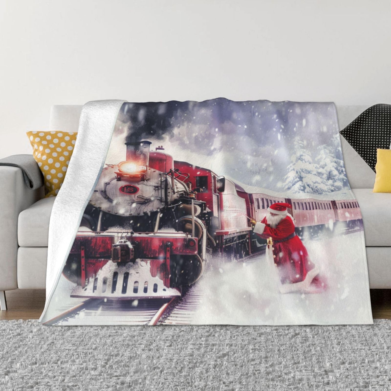 Mexpekil Coperta invernale con treno a vapore, motivo natalizio con fiocco di neve, morbida e calda, in flanella, decorativa, per letto, divano, viaggio, 125 x 150 cm