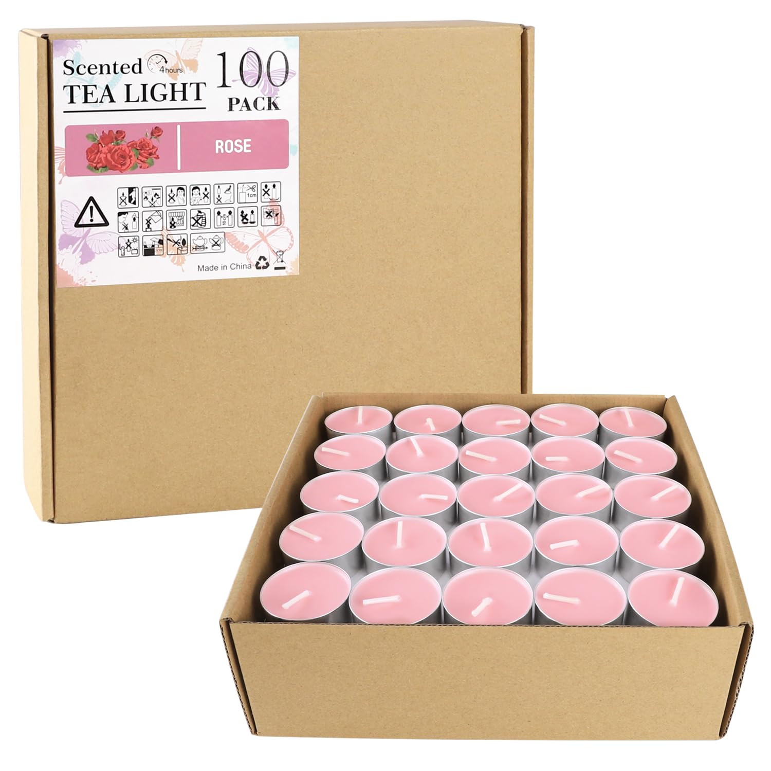Candele profumate alla rosa rosa, confezione da 100 candele votive, senza fumo, set regalo per San Valentino, vacanze, matrimoni e casa, 4 ore