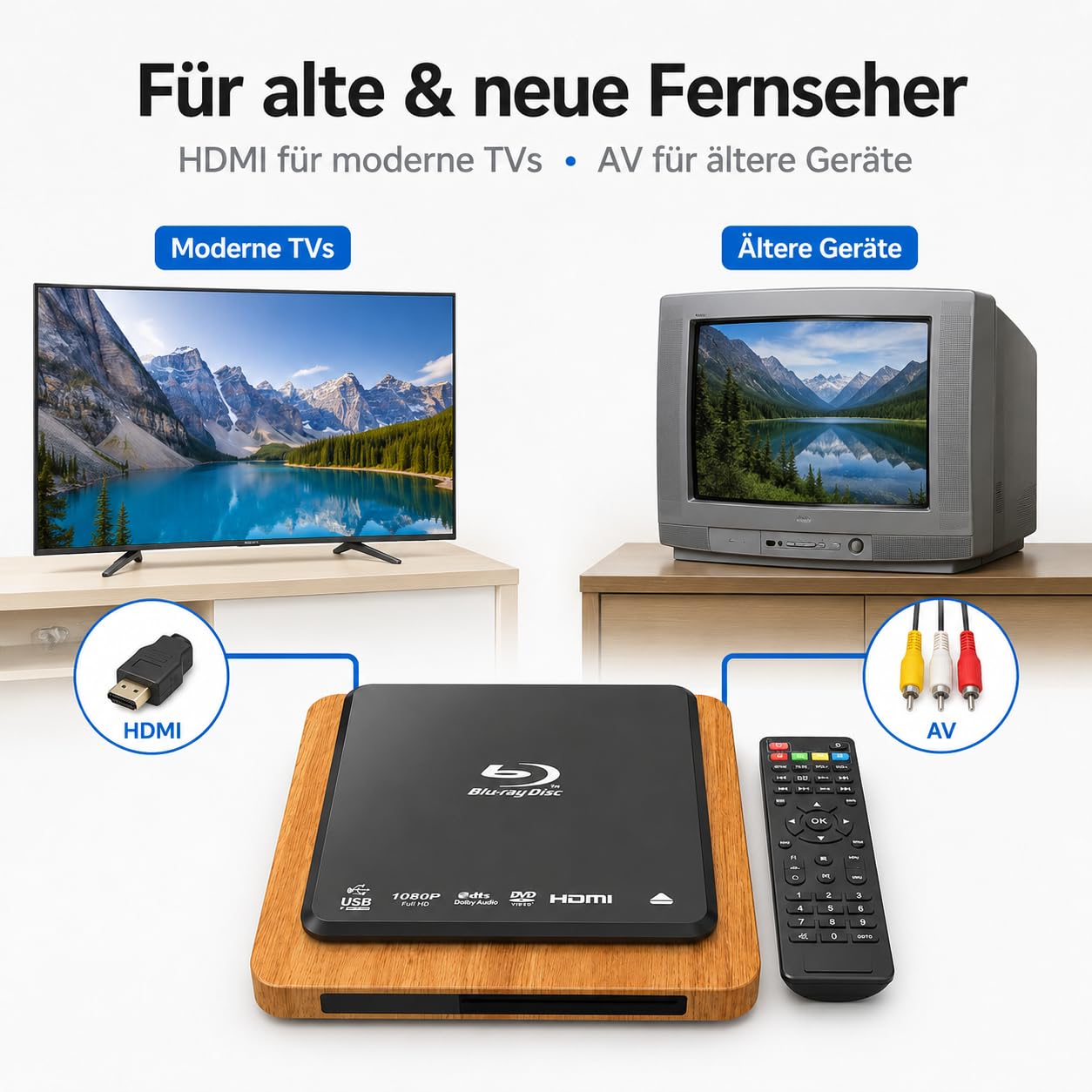 Lecteur Blu-ray 1080p Full HD, région B/2 et lecteur DVD toutes régions, Dolby Audio, HDMI/AV/USB, PAL/NTSC, câble HDMI et AV, lecteur DVD Blu-ray compact pour TV et home cinéma