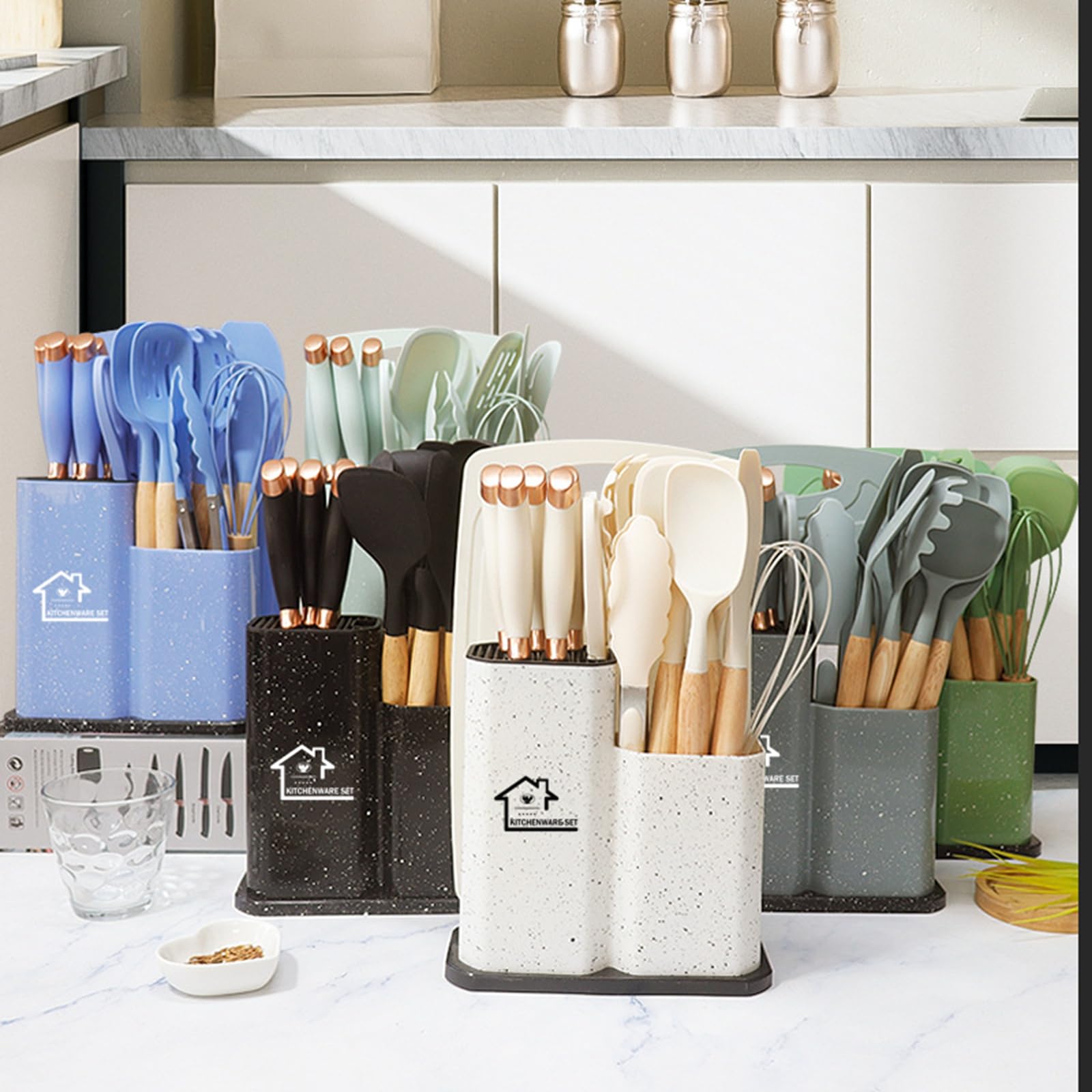 Küchenmesser Set 19 Teiliges Küchenutensilien Set Silikon Küchenhelfer Set mit 12 Kochutensilien,5 Messern,Schneidebrett und Halter,Spülmaschinengeeignet (Blau)