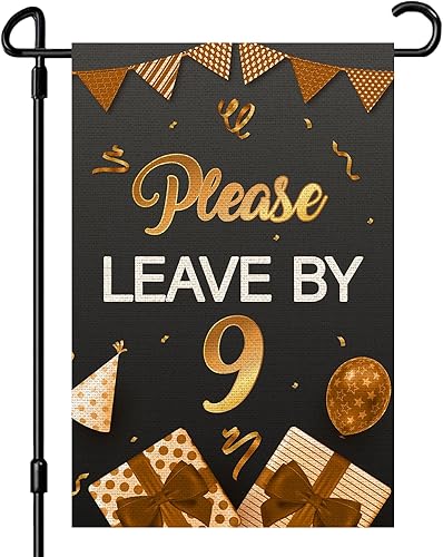 INNORU Bandera de jardín con texto en inglés "Please Leave by 9", letrero de fiesta de jubilación de cumpleaños, fiesta de inauguración de la casa,