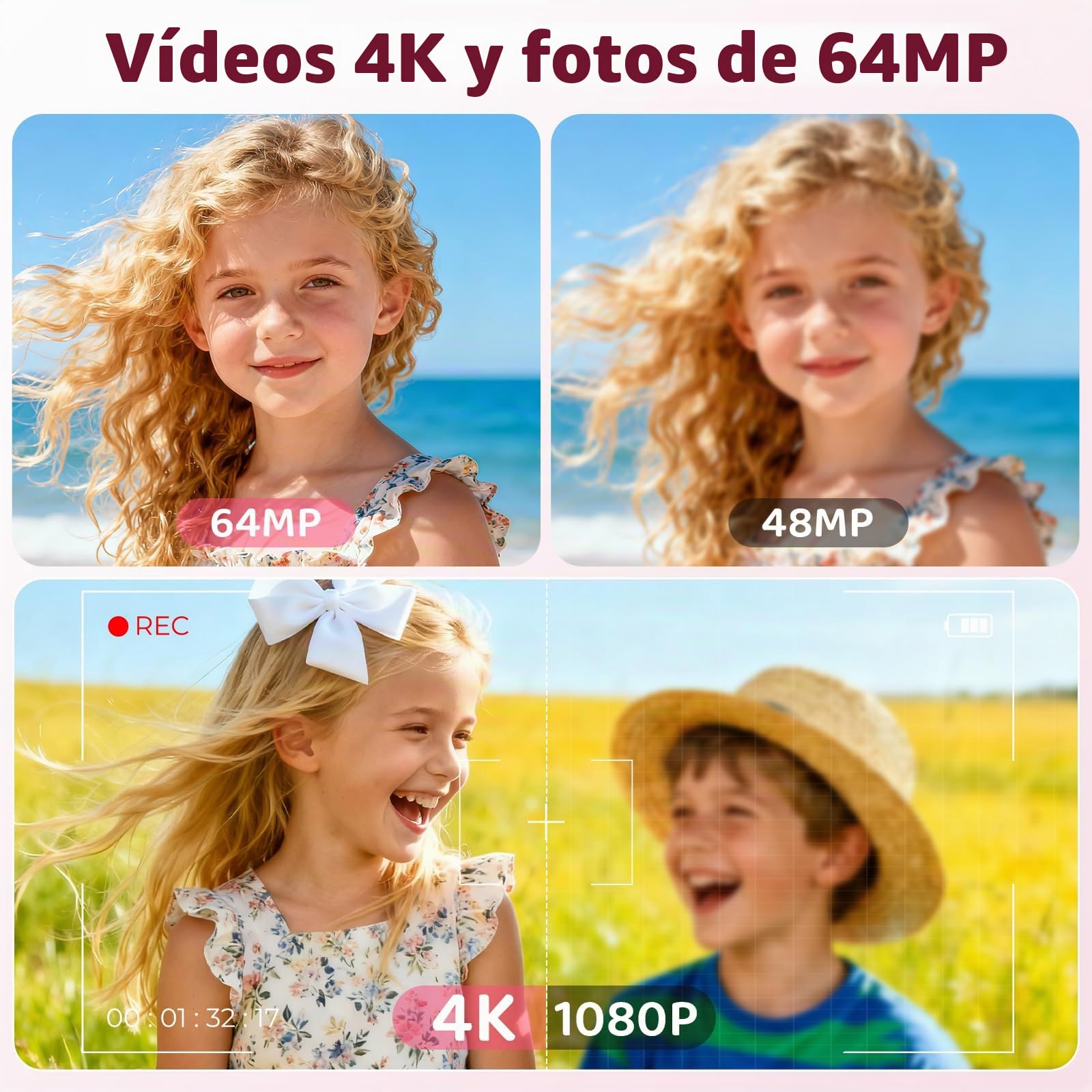 Cámara digital 4K 64MP FHD cámara fotográfica para niños, zoom digital de 18 x cámara compacta con pantalla de 2,4 pulgadas, antivibración, flash LED, tarjeta SD de 32 GB, cámara de fotos para niños