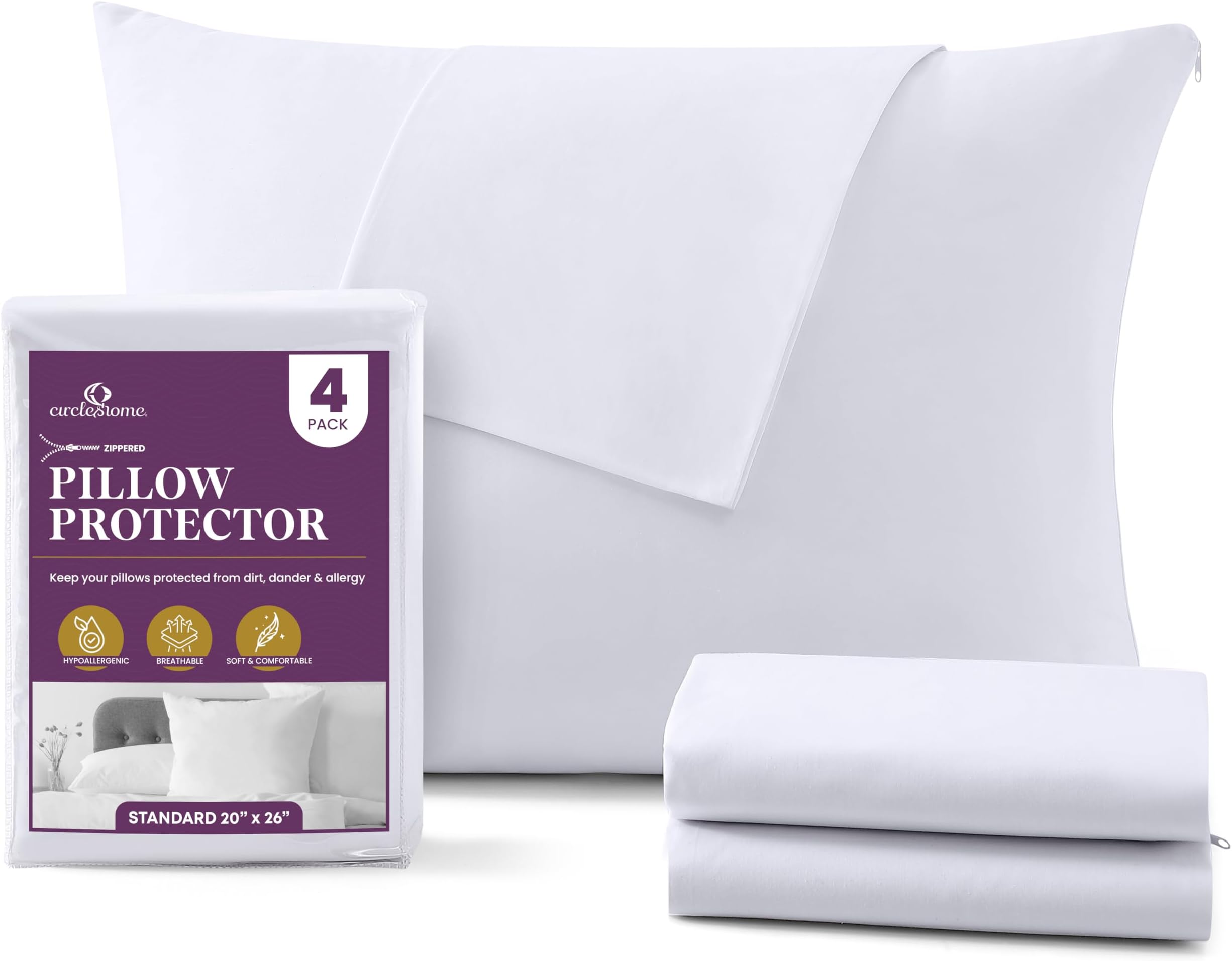 CirclesHome Pillow Protectors 4 Pack Standard Zippered - 100% Cotton Breathable Pillowcases - Protects Pillows from Dirt, Dust and Debri (Standard - Set of 4 - 20x26)