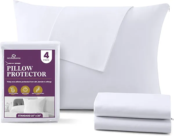 CirclesHome Pillow Protectors 4 Pack Standard Zippered - 100% Cotton Breathable Pillowcases - Protects Pillows from Dirt, Dust and Debri (Standard - Set of 4 - 20x26)