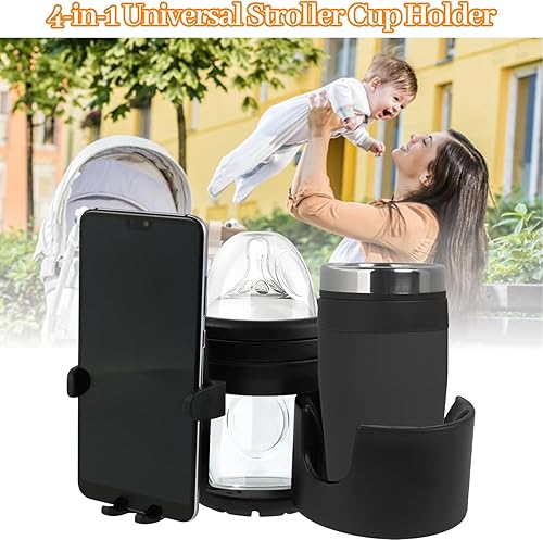 Miniatura 2 de Portavasos universal 4 en 1 para cochecito con soporte de teléfono de 360, soporte ajustable para bebidas y teléfono para cochecitos, sillas de