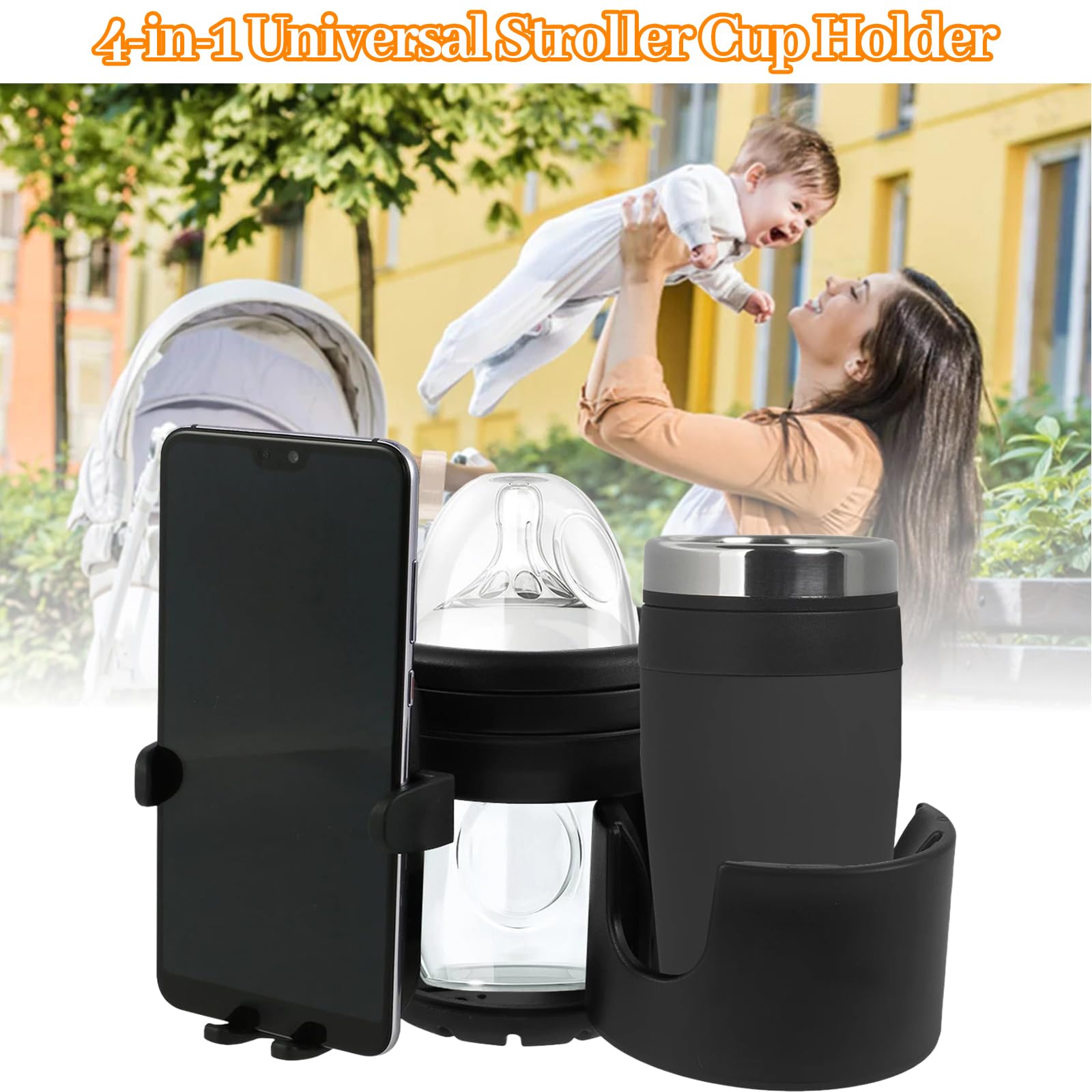 4-in-1 Universal Stroller Cup Holder with 360° Phone Mount, Adjustable Drink & Phone Holder for Strollers Wheelchairs, Bikes - Image 2