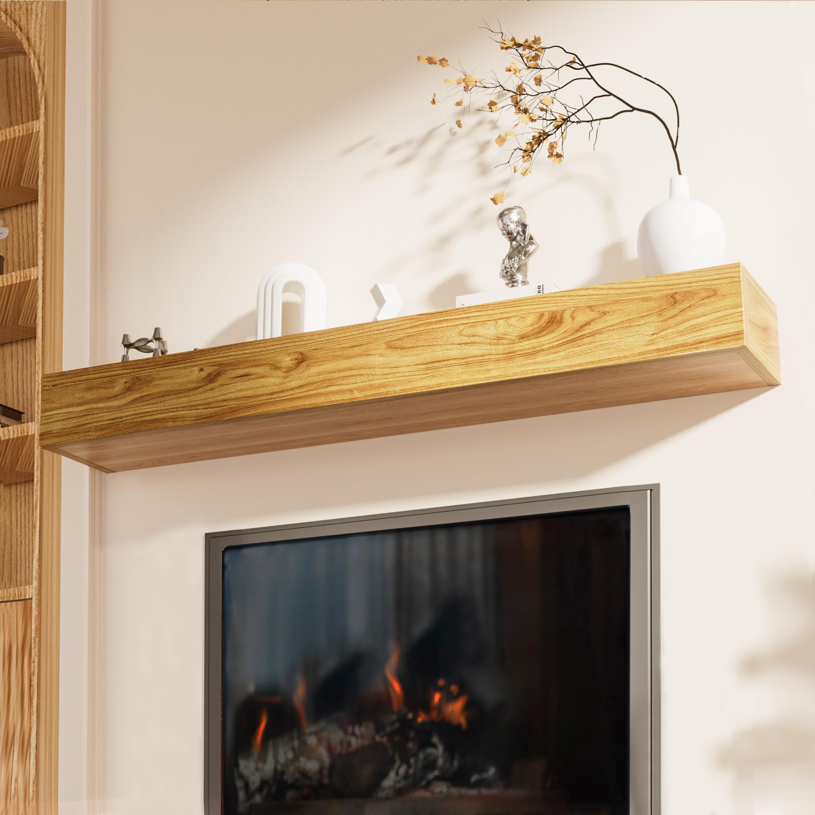 Fireplace Mantel Shelf 60", Rustic Wood Mantles for Over Fireplace, Handcrafted Floating Mantel Shelf, Wall Mounted Farmhouse Decor, with Brushed Surface Workmanship(60Lx8Dx5H, Rustic Natural)