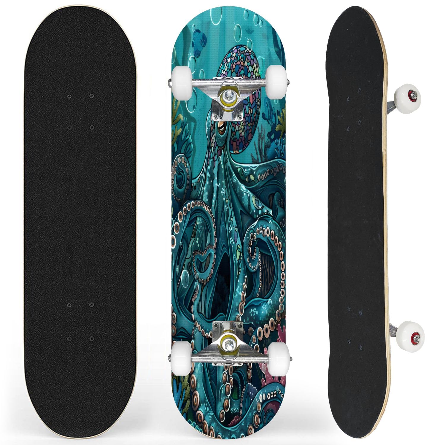 Complete Skateboard with Underwater Teal Octopus amidst Coral Reefs Art Beginner Skateboard 7-Layer Maple Wood Double Kick Concave Skateboards for Kids, Adults, Teens 31