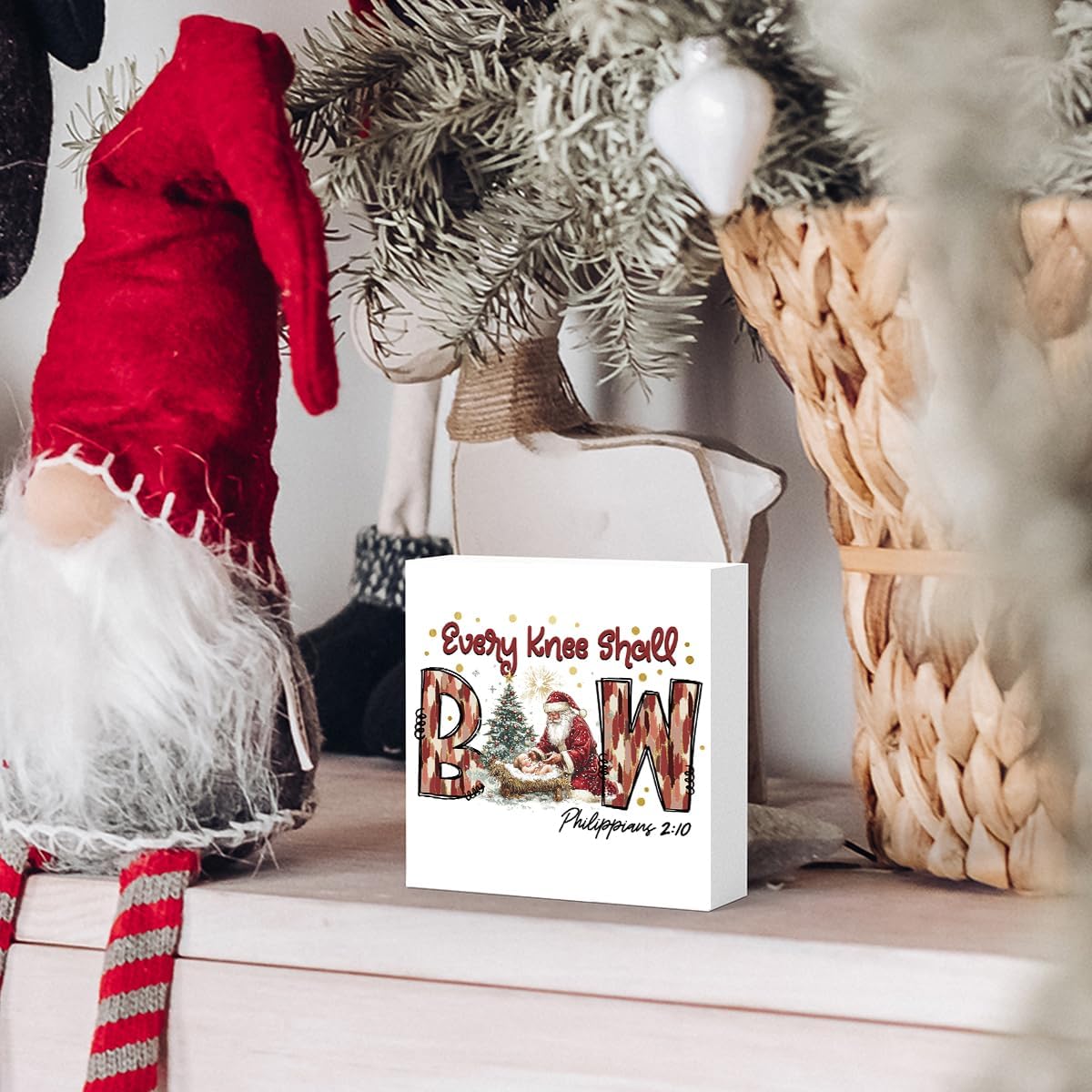 Christmas Decorations, Christian Christmas Decorations Indoor, Xmas Tree Nativity Scene Baby Jesus Wooden Box Sign Gifts for Friends Family Home Bedroom Living Room Office Halloween Desk Decor image 4