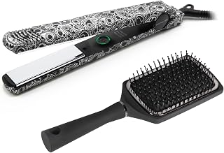 Corioliss C-Style | Plancha del Pelo | Placas de Titanio | Control de Temperatura 165º-220º | Iónica | Alisado Ondas | Incluye Cepillo Paddle | Calentamiento 30 Seg | Cable Giratorio | Silver Paisley