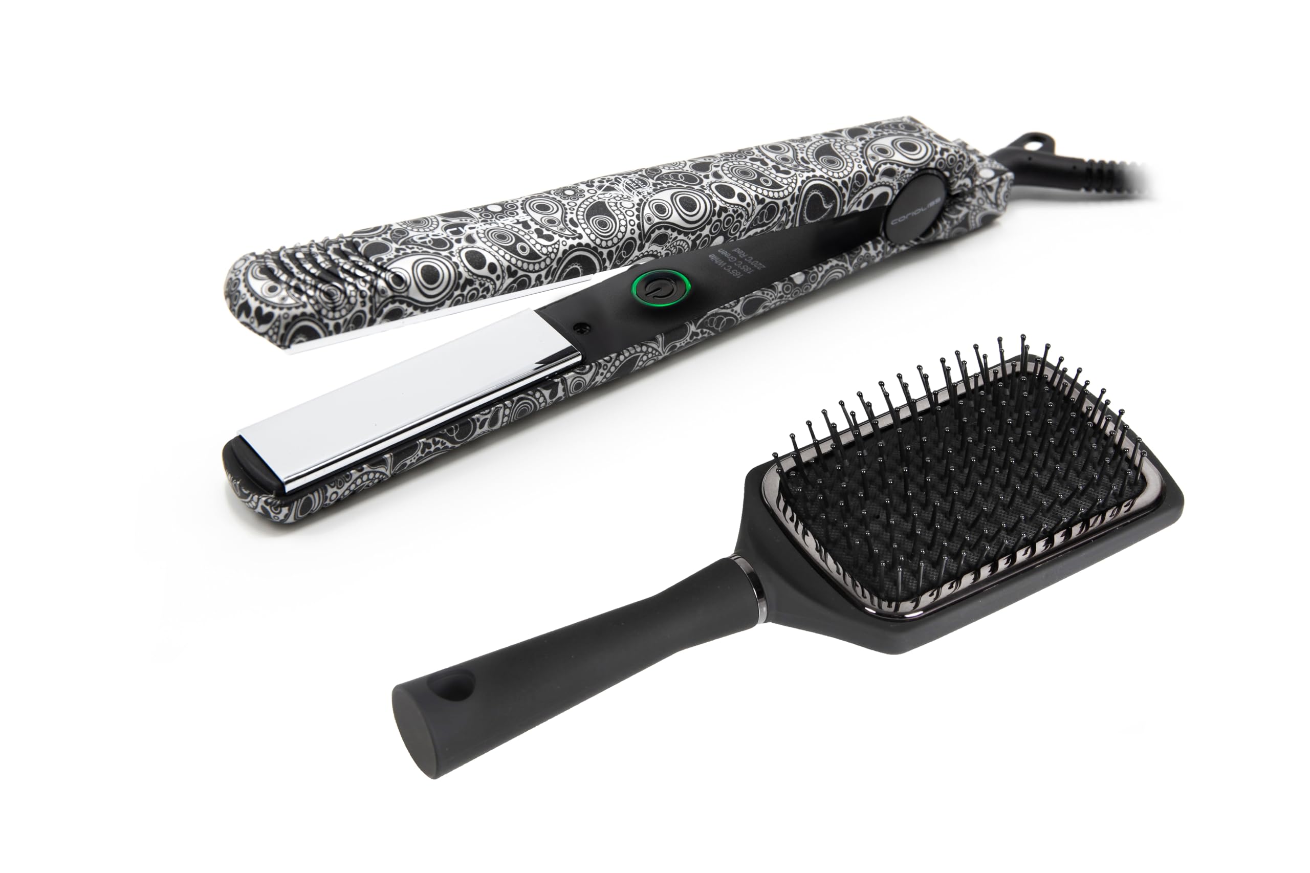 Corioliss C-​Style | Plancha del Pelo | Placas de Titanio | Control de Temperatura 165º-​220º | Iónica | Alisado Ondas | Incluye Cepillo Paddle | Calentamiento 30 Seg | Cable Giratorio | Silver Paisley
