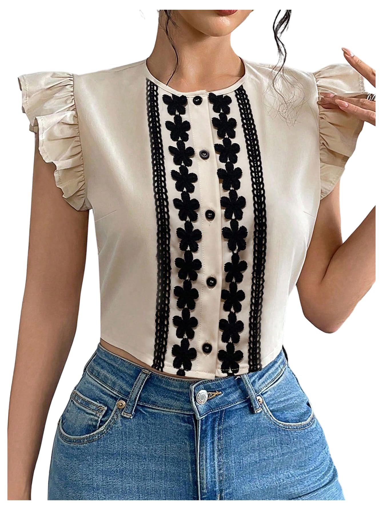 Floerns Women's Elegant Button Down Shirts Ruffle Cap Sleeve Summer Dressy Casual Blouse Tops