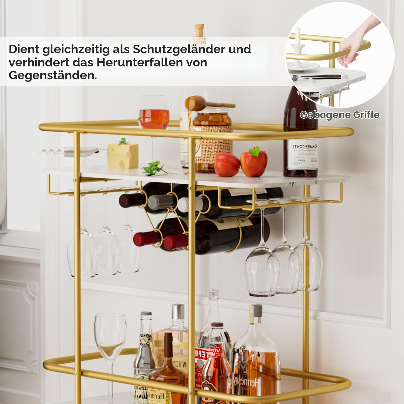 2-stufiger Bar-Servierwagen, mobiler Getränkewagen, Gold