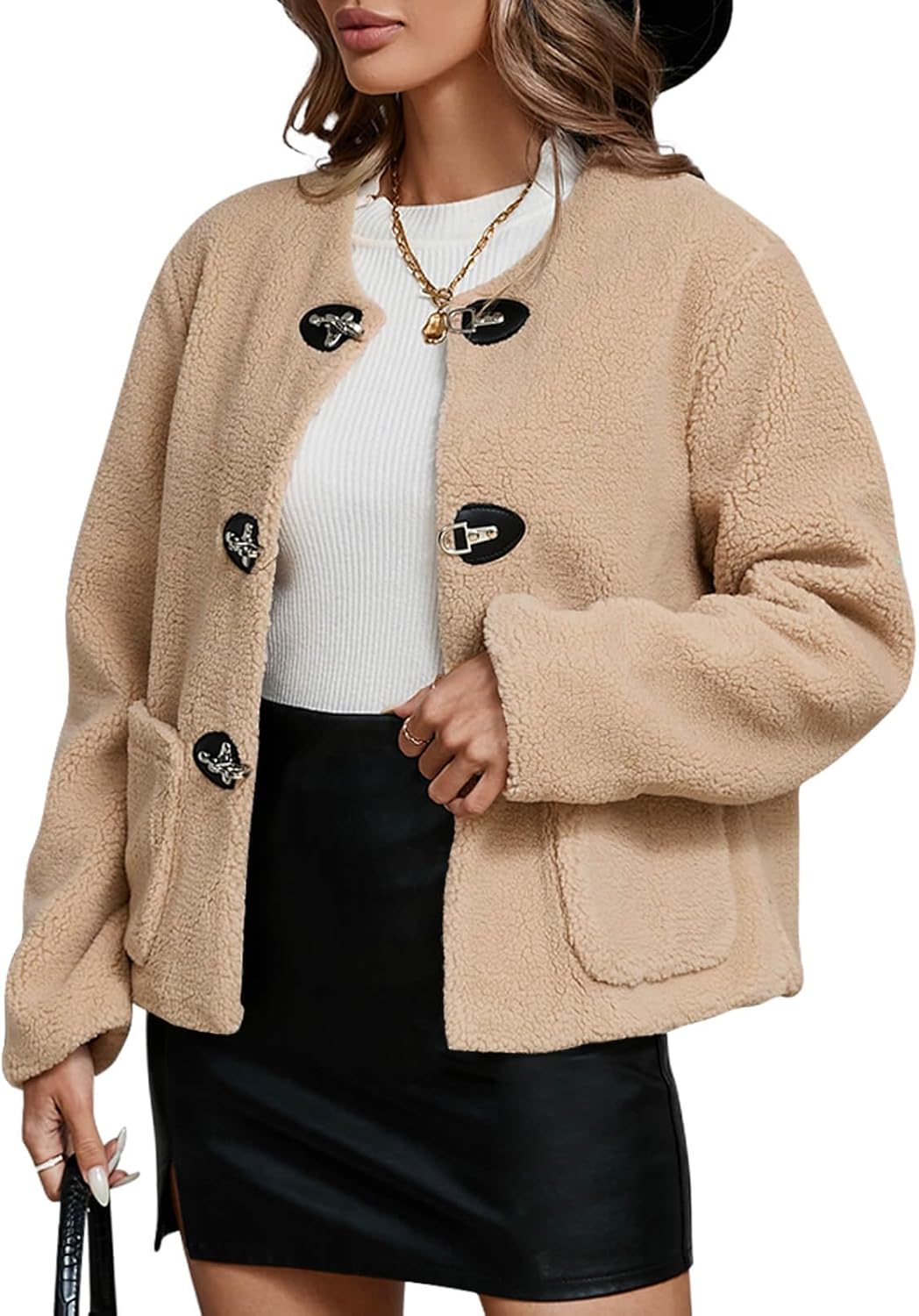 Tankaneo Womens Sherpa Fleece Jackets Long Sleeve Faux Fur Winter Warm Fuzzy Coats with Pockets