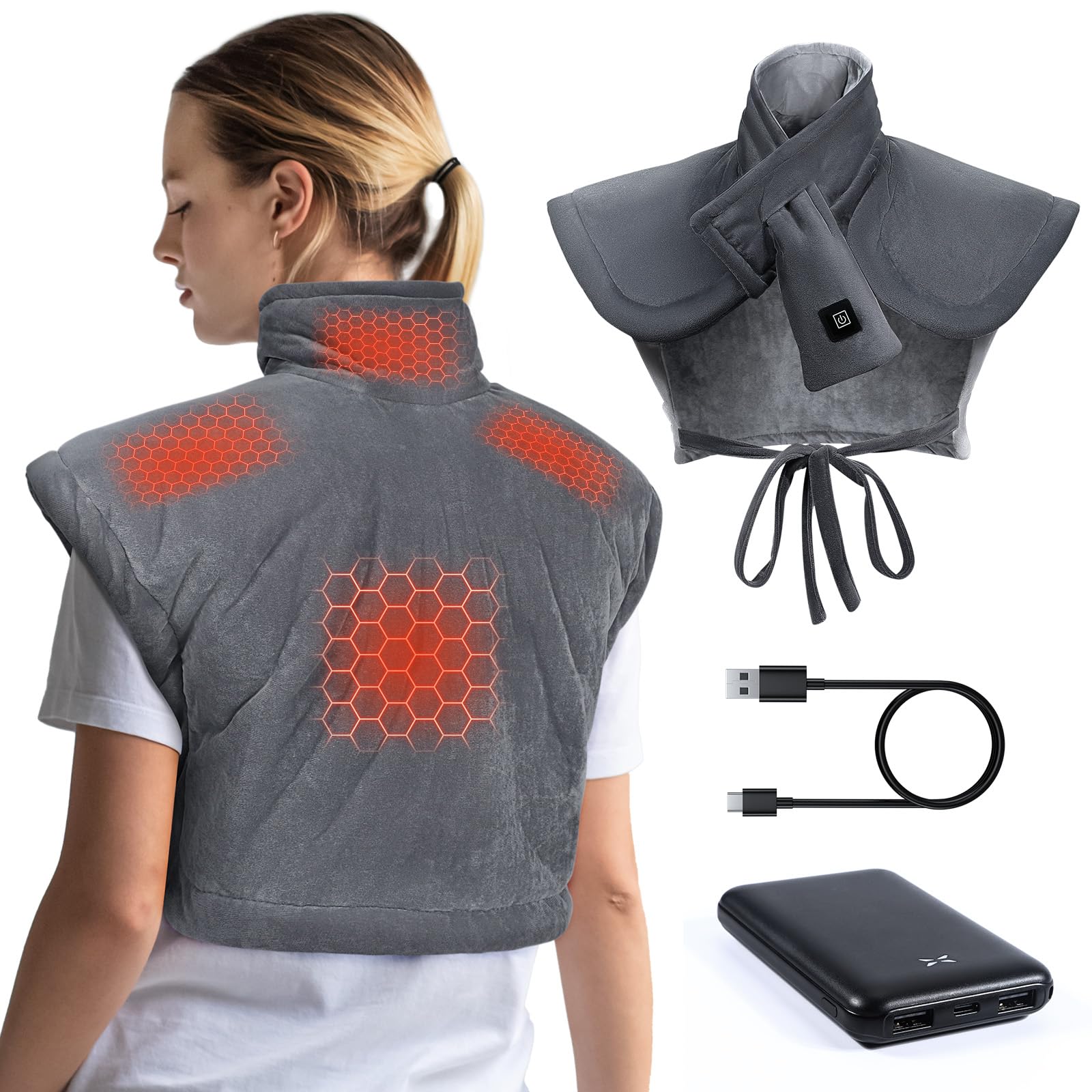 Graphène Coussin Chauffant pour Cou et Dos avec Batterie 10000mAh, Coussin Chauffant Électrique Avec 3 Niveaux Réglage Température, Fonction D'arrêt Automatique