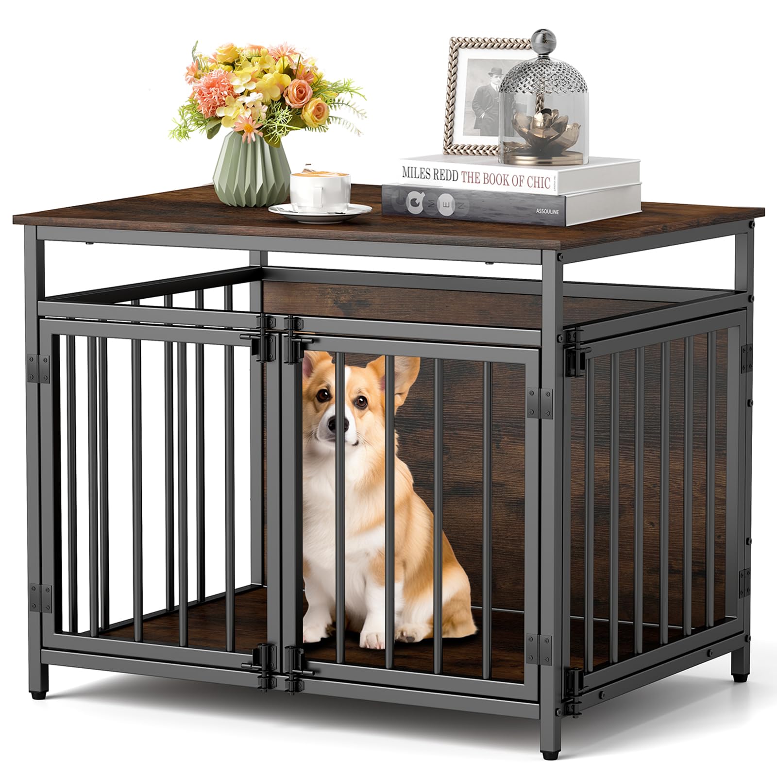 COSTWAY Dog Crate Furniture, Wooden Dog Cage with Lockable Doors & Hollow Top, Indoor Pet Kennel Side End Table for Small & Medium Sized Dogs, 80 x 60 x 64cm