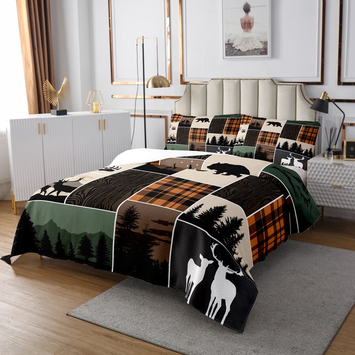 Rustic Cabin Coverlet Set Queen Size, Hunting Bear Deer Bedspread For Kids Teens Adult, Farmhouse Moose Bedspread Quilt Set Vintage Plaid Tree Growth Ring Quilted With 2 Pillow Cases, Grey Brown