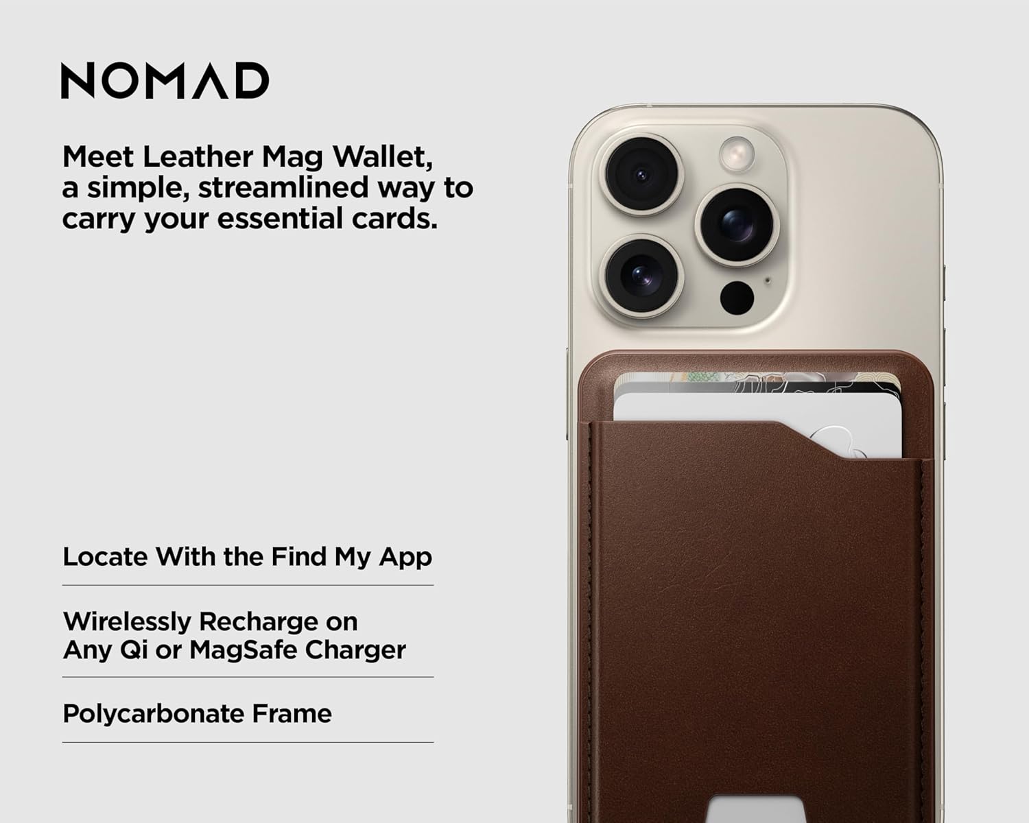 NOMAD Leather Brown Magsafe Wallet w/integrated tracking for iPhone, Slim Magsafe Card Holder for iPhone, Wallet GPS Tracker Card 5 Months Battery Life, Rechargeable, Compatible with iOS Only