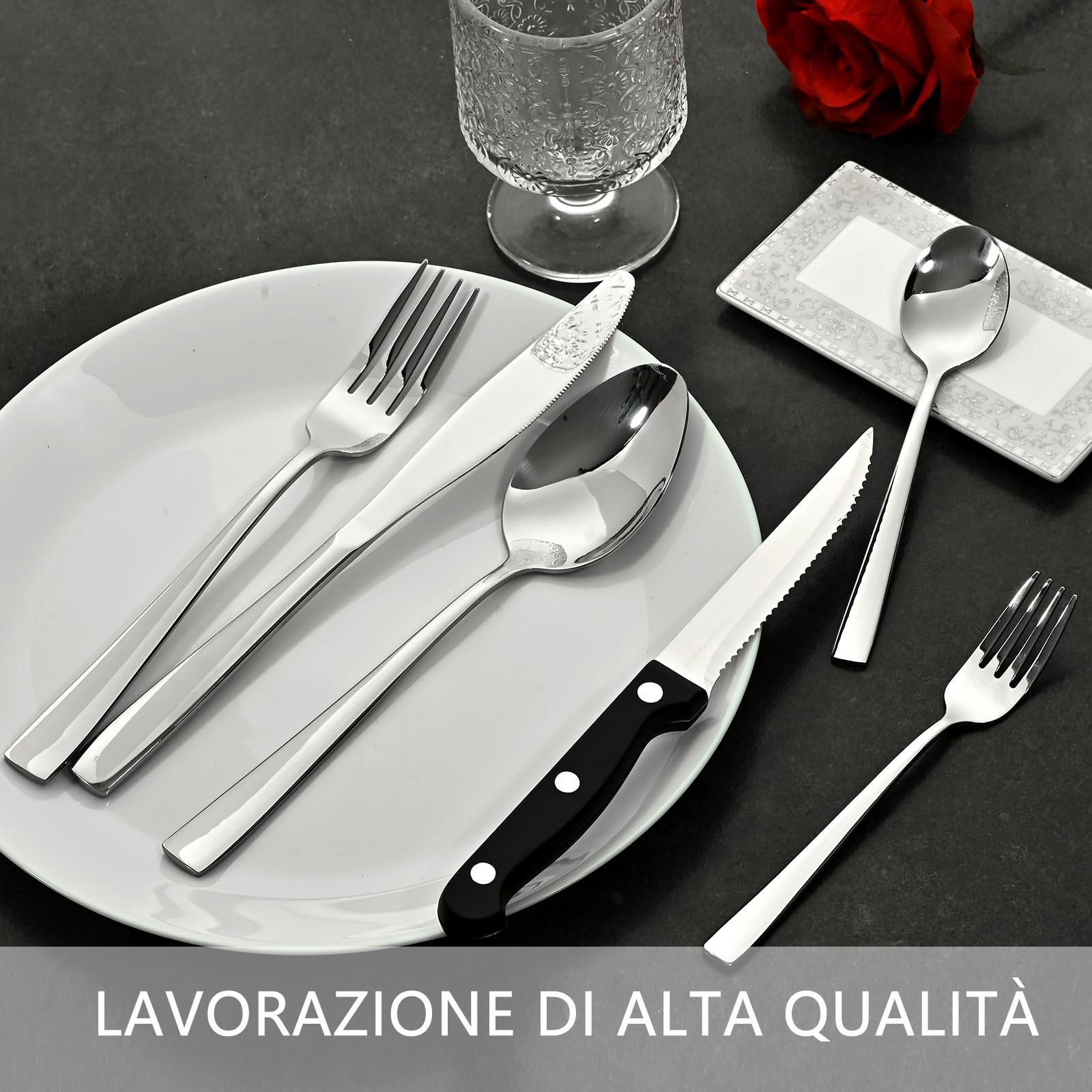 Set Posate Acciaio Inox 36 Pezzi per 6 Persone - Servizio Posate Completo con Coltelli da Carne, Forchette, Cucchiai e Cucchiaini- Design Moderno, Alta Resistenza, Lavabile in Lavastoviglie
