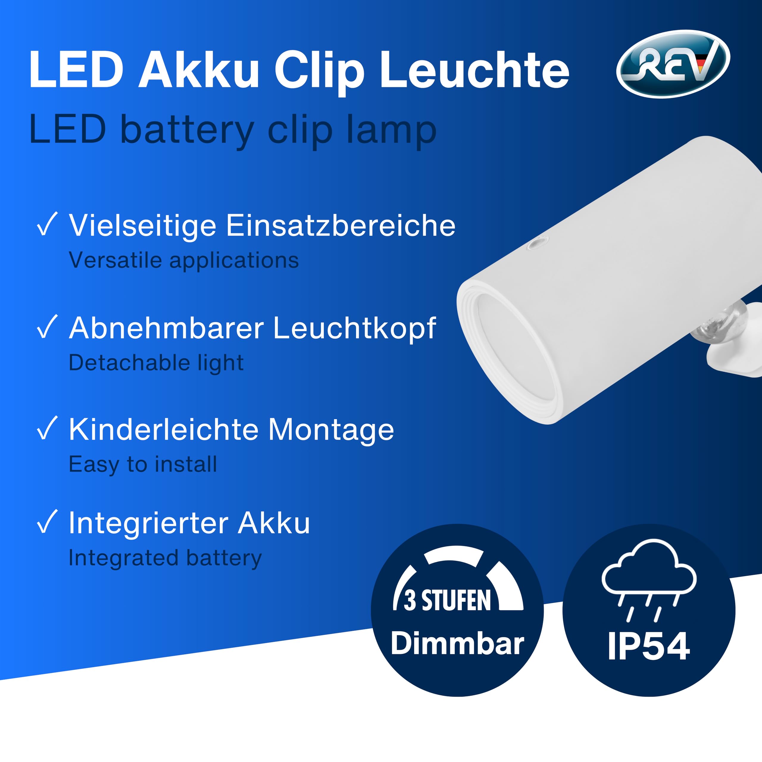 REV LED Wandleuchte innen - Wandlampe mit Akku, 120lm, dimmbar, 360° drehbar, kabellose Leselampe - ideal für Flur, Schlaf- & Wohnzimmer, weiß