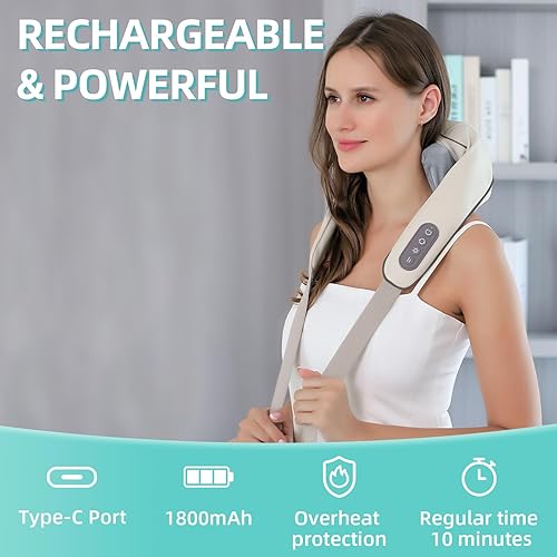 Miniatura 4 de LIARTY Masajeador de cuello y hombros para tejido profundo, masajeador inalámbrico eléctrico Shiatsu para hombro, almohada de masaje de amasamiento