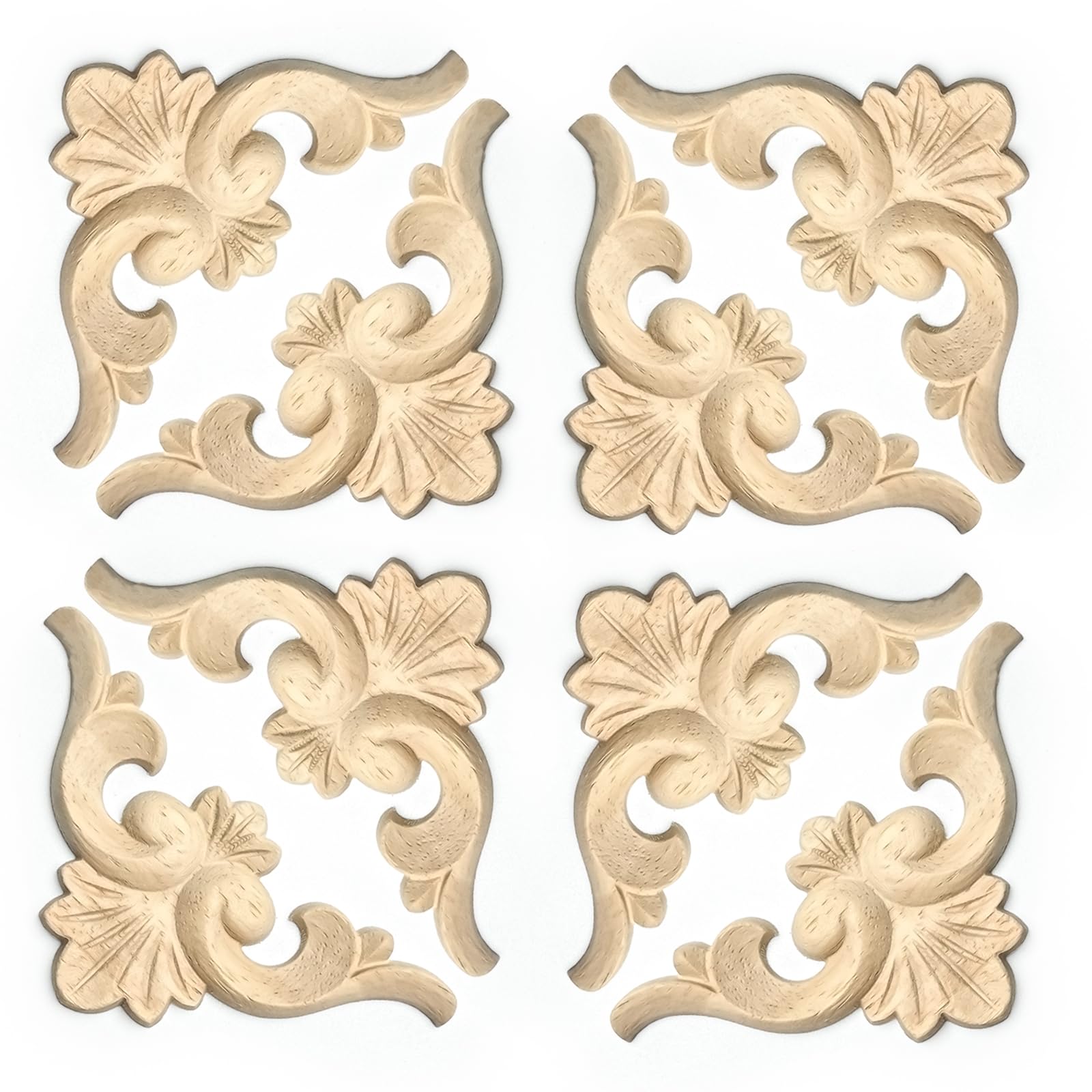 Vilanca 20Pcs Decorative Wood Flower Carved Appliques 1.6inch Corner Onlay DIY Unpainted Solid Wooden Carved Corner Decal for Furniture Wardrobe