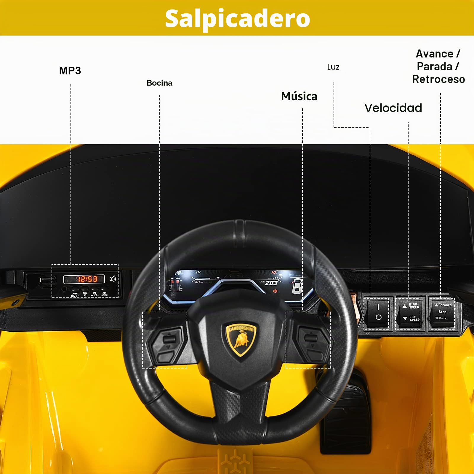 GOPLUS Lamborghini Coche Eléctrico 12V (Amarillo) | Vehículo Eléctrico para Niños de 3-8 Años, con Control Remoto, MP3 USB Bluetooth Música, 3-5km/h, Carga Máxima 25KG