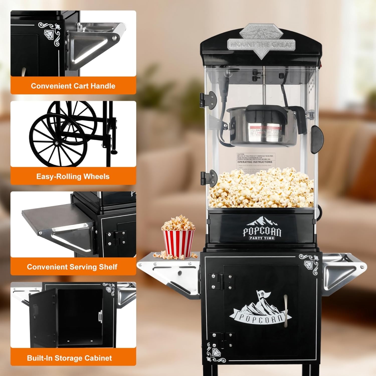 Popcorn Machine with Cart, 10oz Stainless Steel Kettle, Vintage Movie Theater Style Popcorn Maker Machine for Parties, Events, Home Use, Black