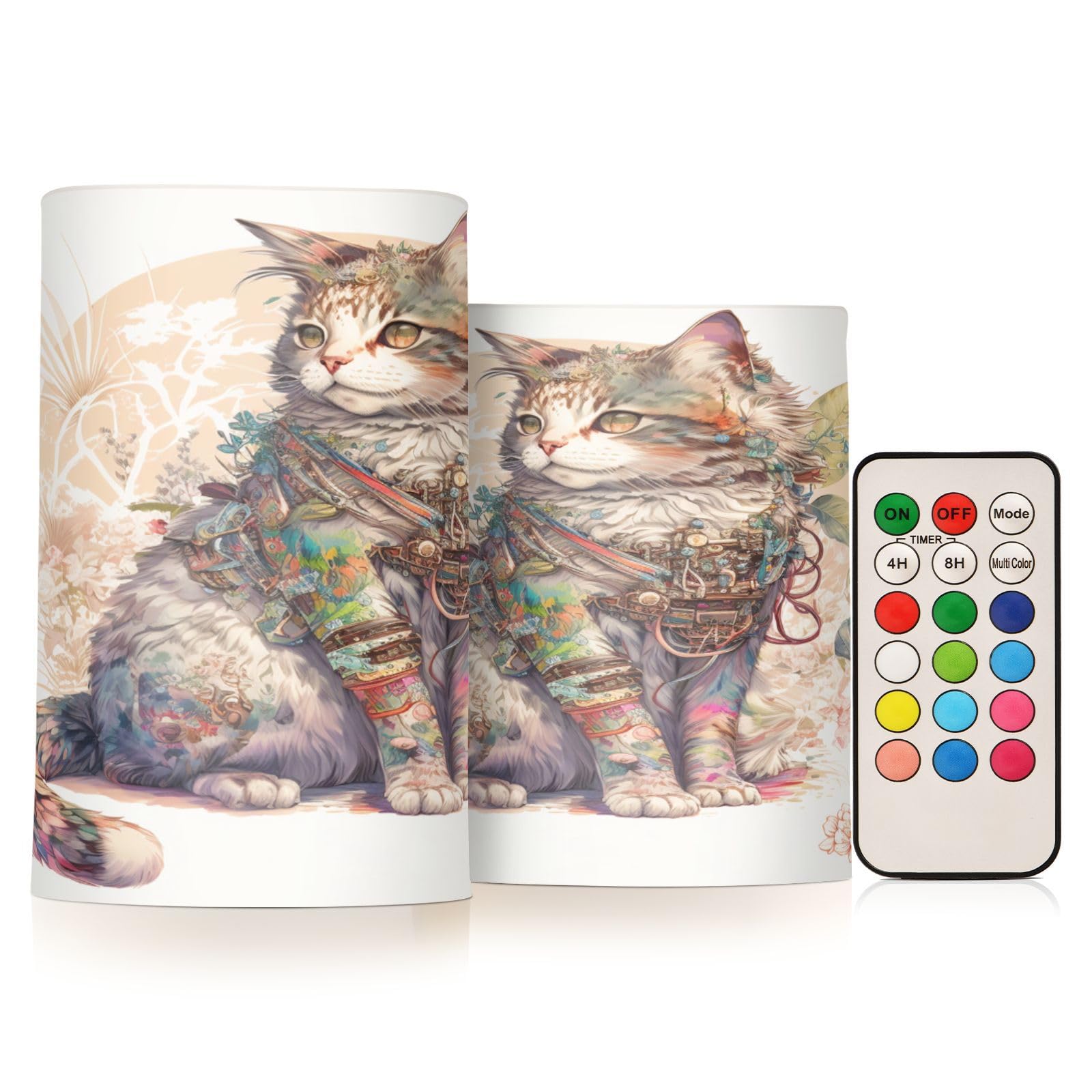Watercolor-cat-White-Background Flameless Pillar Plastic Led Candles, Battery Operated with Remote/Timer Color Changing Soft Light, Set of 2 for Festival, Wedding,Home Party Decor