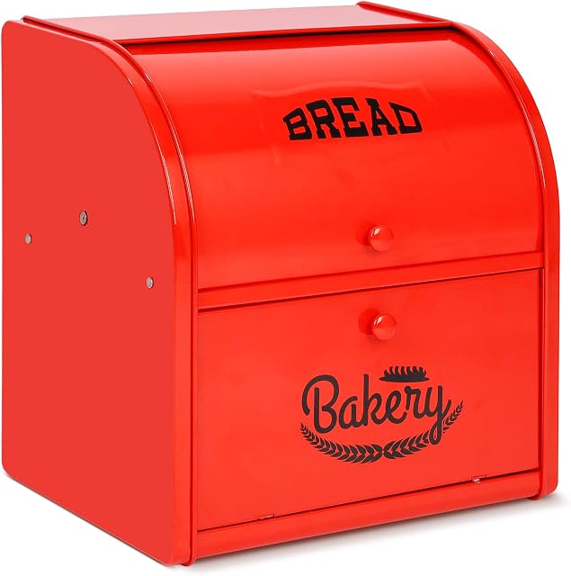 Metal Extra Large Double Compartment Bread Box Roll Top Bread Box Kitchen Food Storage Bin, Counter-top Bread Keeper Double Layer Bread Storage ( Red ) - No installation required