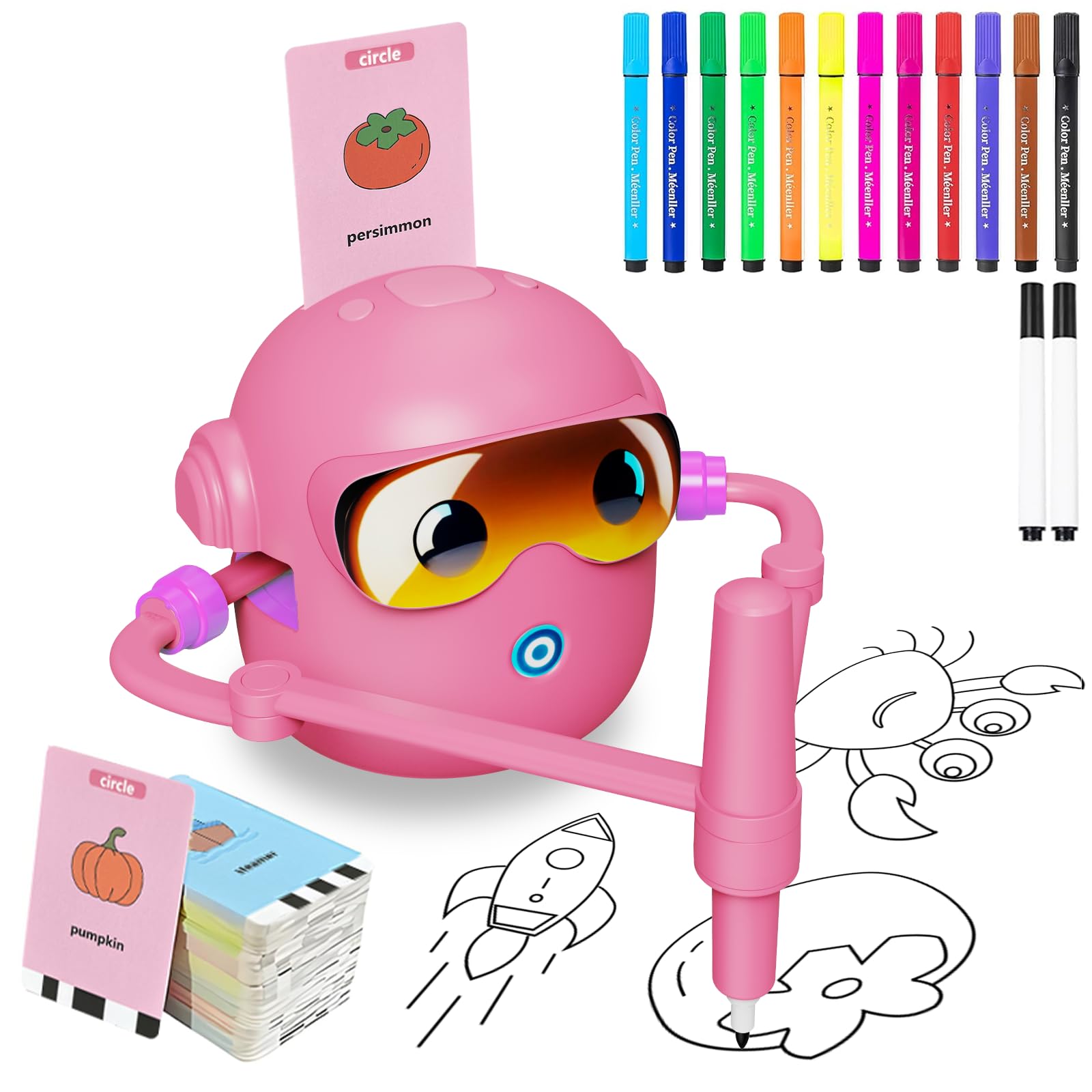 Drawing Robot for Kids, with 100 Word Cards, 12 Color Pens, Voice Interactive Educational Drawing Machine, Montessori Painting Learning Toys for 3 4 5 6 7 8 Year Old Boys Girls Birthday Party (Pink)