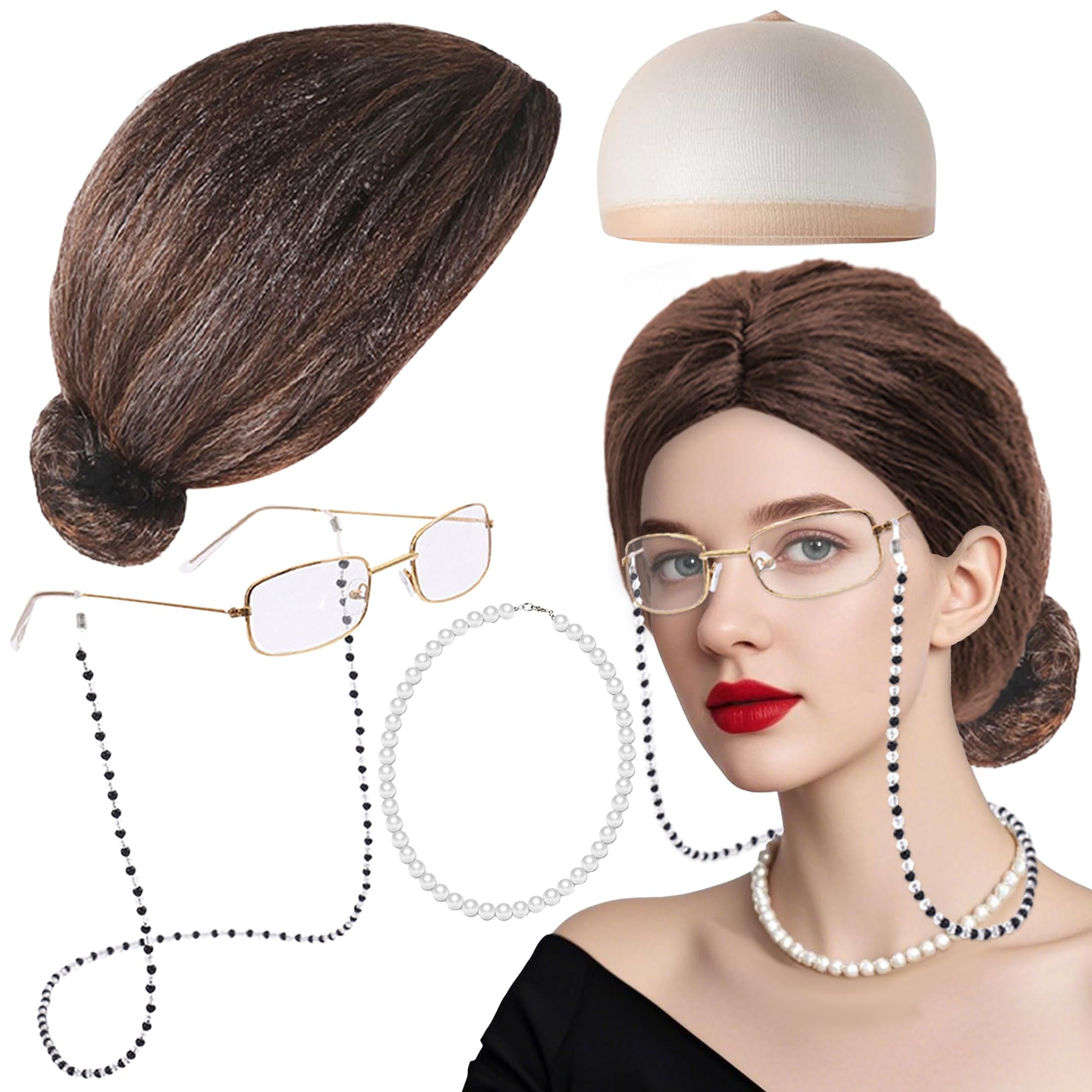 BACH AND BOUJEE Old Lady Costume Set Grey Wig Grandma Wig Granny Glasses with Chain Necklace Earrings Bracelet Old Lady Fancy Dress Accessories