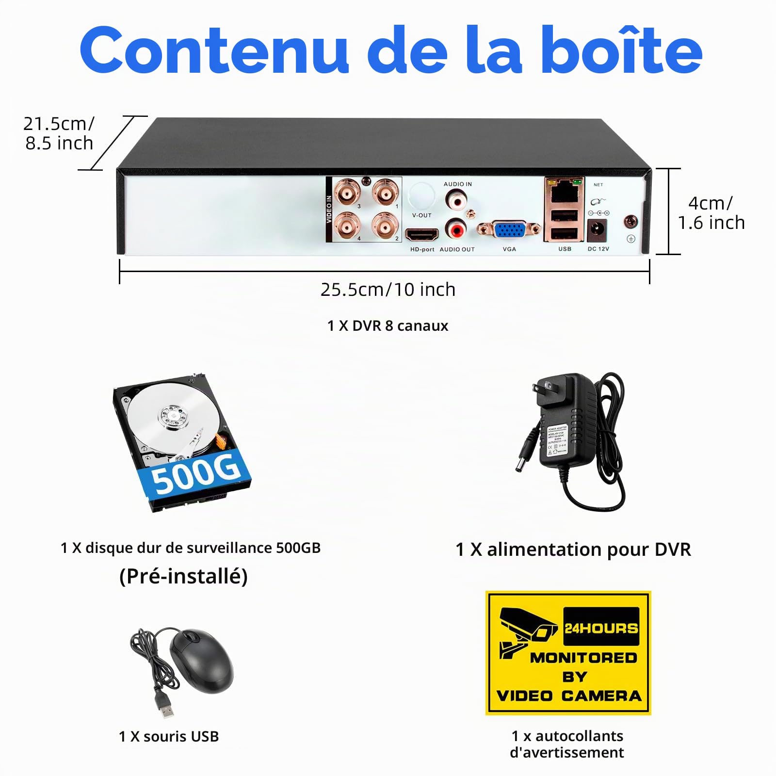 KERUI Magnetoscope DVR Aves 500 GB Disque Dur 4CH 1080P H.265+ Full HD 6-en-1 Hybride XVI AHD TVI CVBS CVI IP pour Camera Exterieure, Enregistreur Numérique de Vidéosurveillance Surveillance 24/7