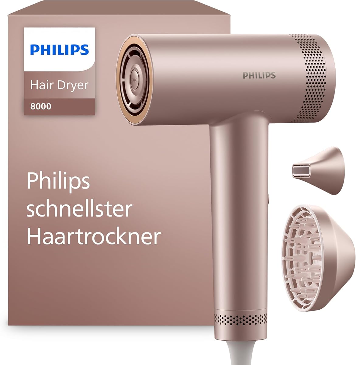 Philips Haartrockner Series 8000 – mit ThermoShield Advanced und bürstenlosem DC-Motor für schnelles Trocknen, Kopfhautpflege, 1400 W, Rosé Champagner, mit Stylingdüse und Diffusor, Modell BHD837/10