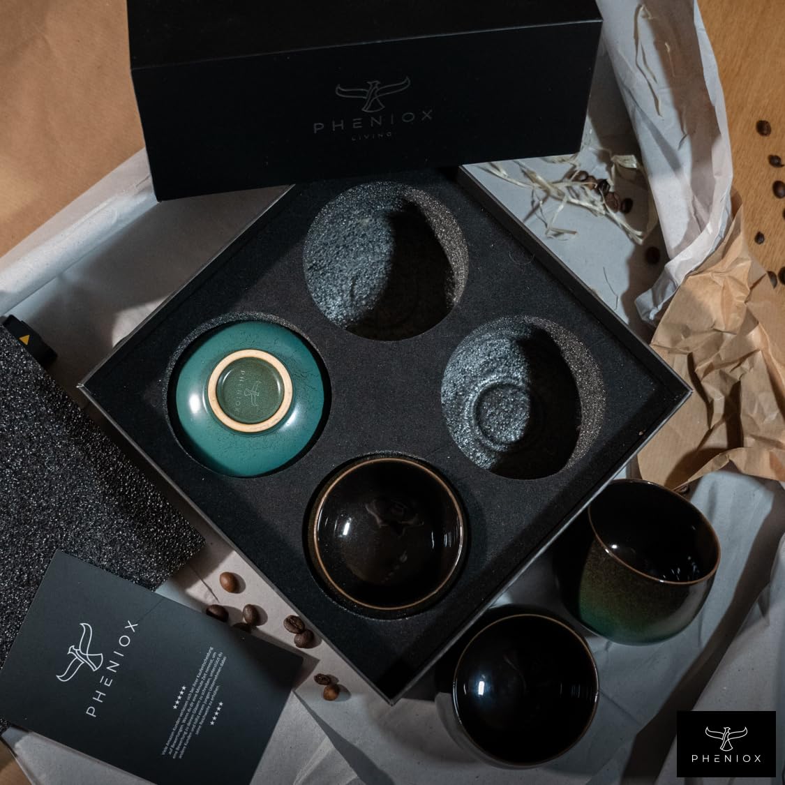 Pheniox | Cappuccino Tassen Set Jade | 4-teilig | 160 ml | hochwertige Kaffee Tassen aus Steingut | ohne Henkel | Geschenk in modernem Design | Espresso | Mokka | Cappuccino | Tee