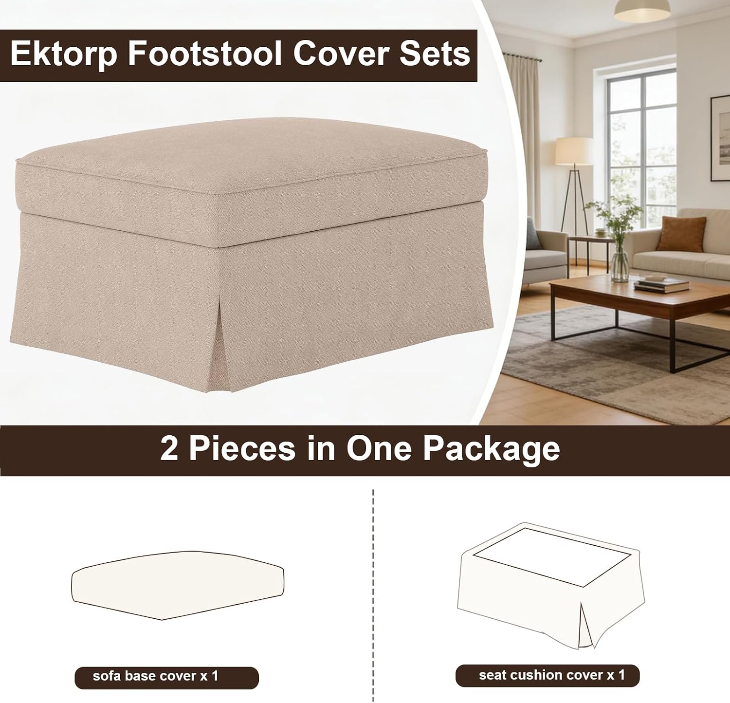 Replacement Footstool Cover Fit for IKEA Ektorp Footstool Slipcover, Ektorp Ottoman Cover, Couch Slipcover Only Furniture Protector Cover, Khaki, Couch Cover Not Including The Sofa Body