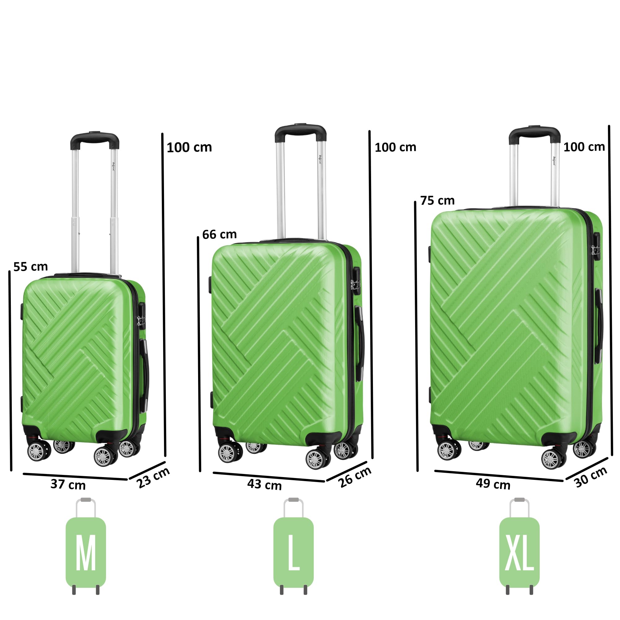 Set di valigie Zelsius 3 pezzi, verde | Valigia rigida in ABS con chiusura a combinazione, Ruote doppie e divisorio interno | Valigia a mano, set di valigie rigide 3 pezzi, trolley, valigia grande